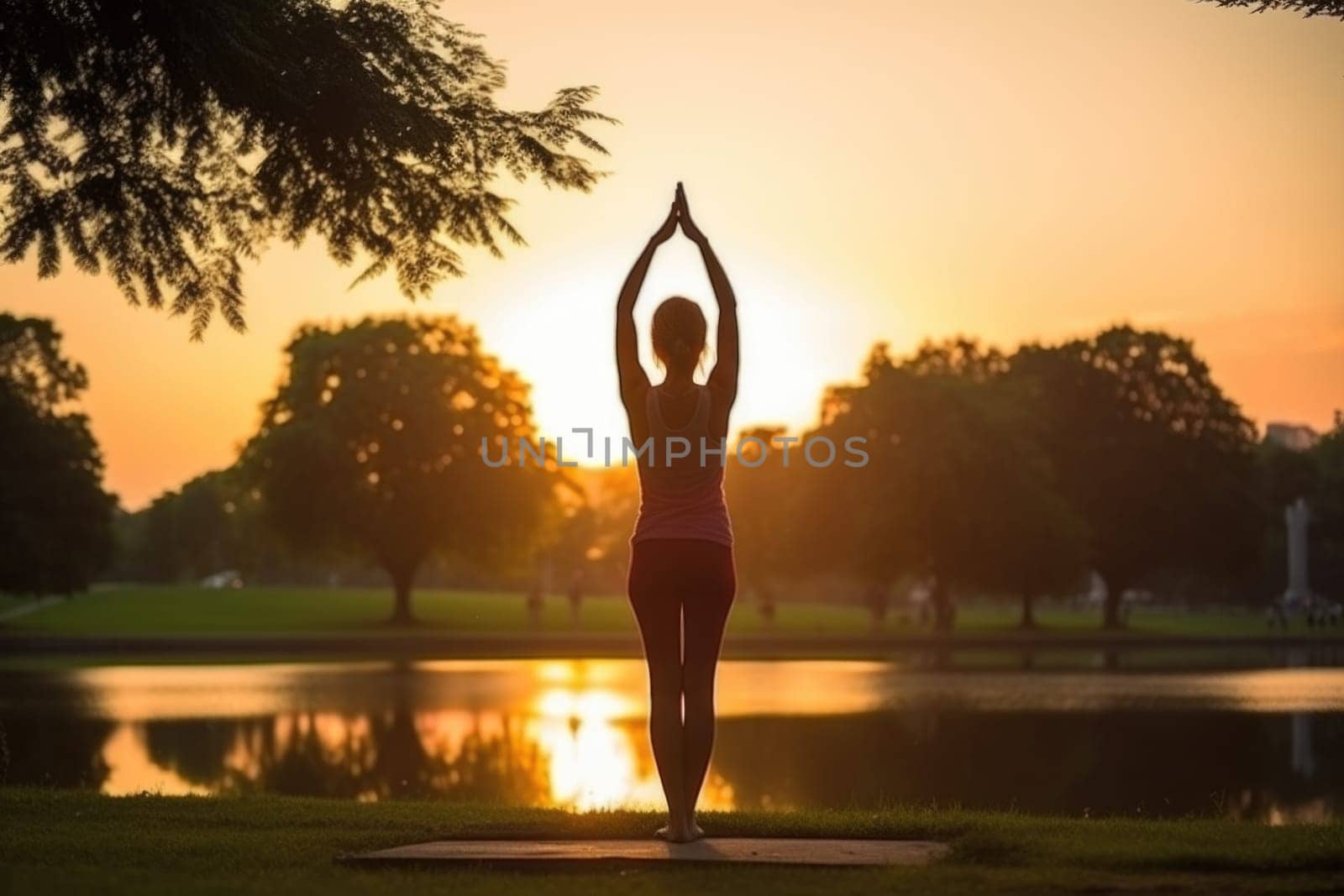 Woman doing yoga by the water in sunrise or sunset, silhouette. AI Generated. High quality illustration
