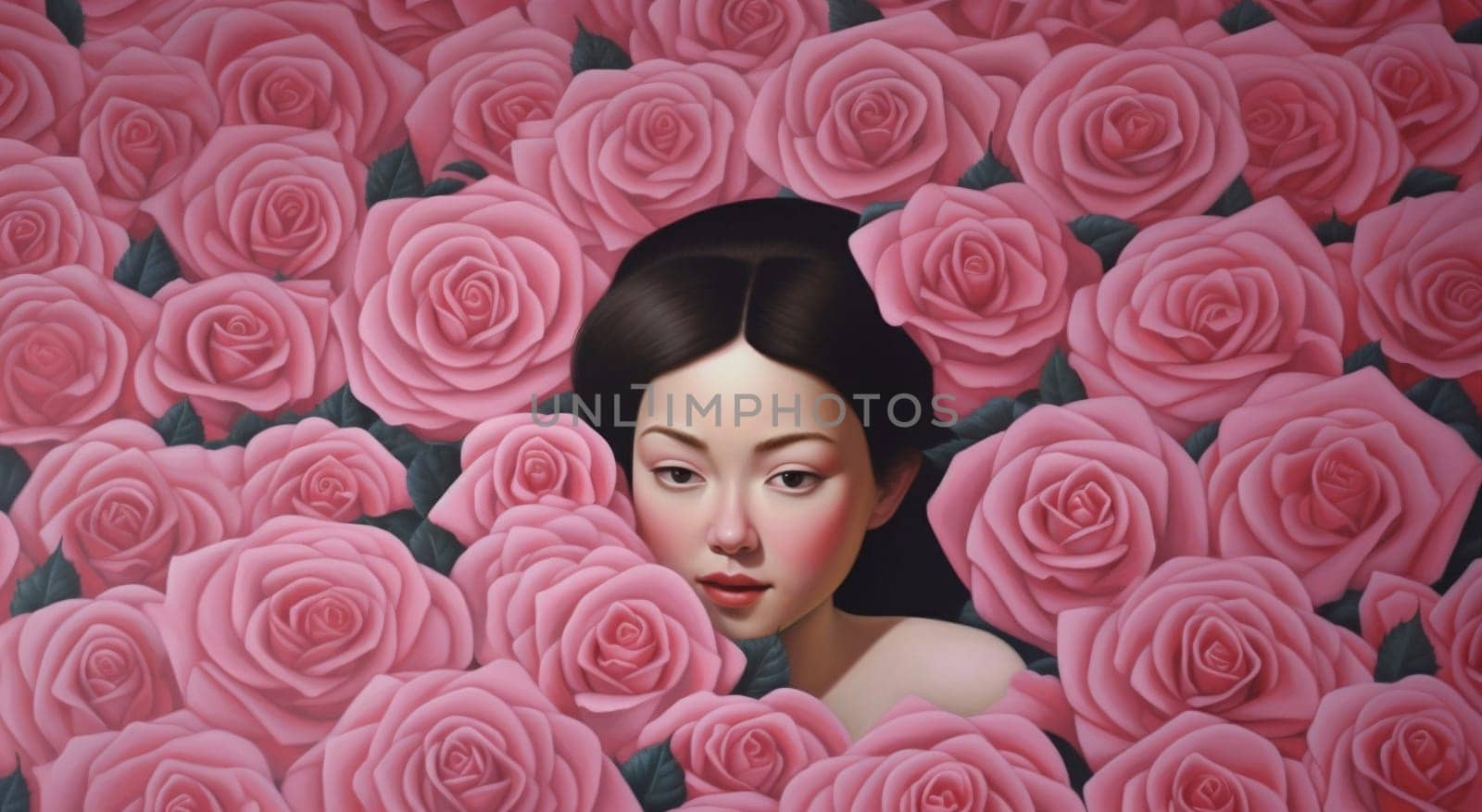 woman floral art head female eye trendy beauty peony leaf face flower pink spring person blossom rose fashion design lady plant. Generative AI.