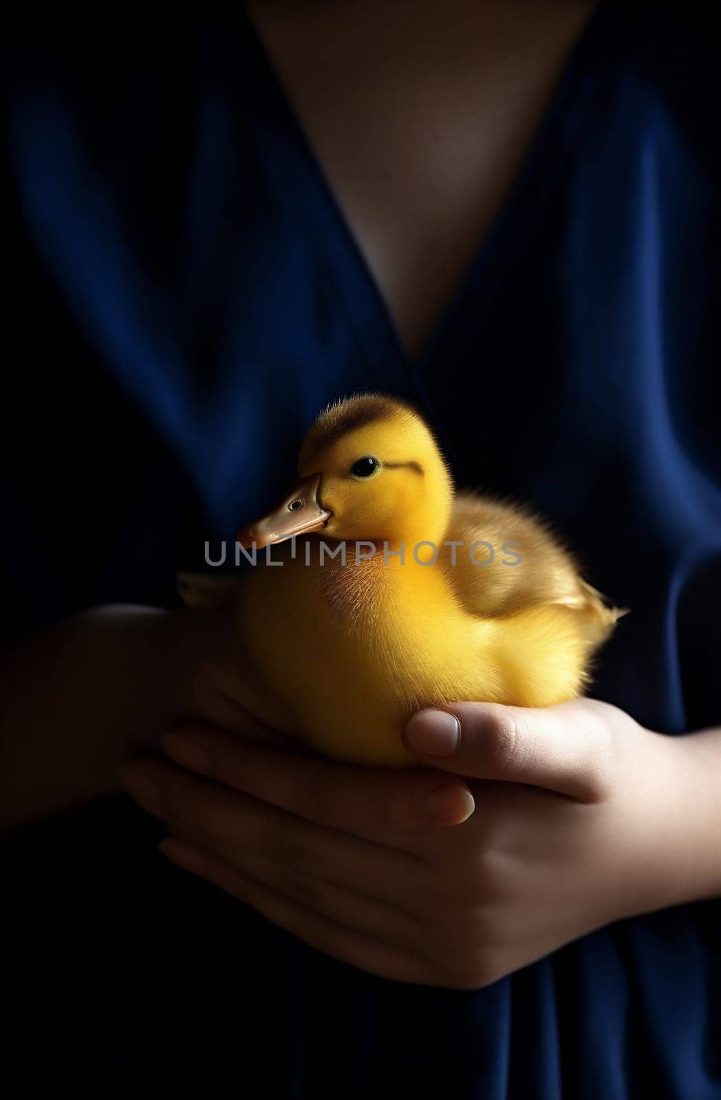 girl duck child yellow hand farm bird little duckling close-up. Generative AI. by Vichizh