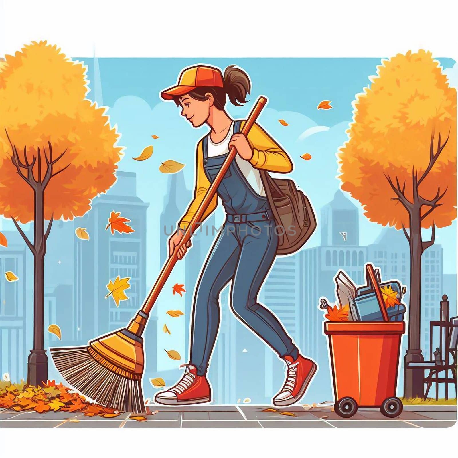 Janitor sweeps the autumn the street