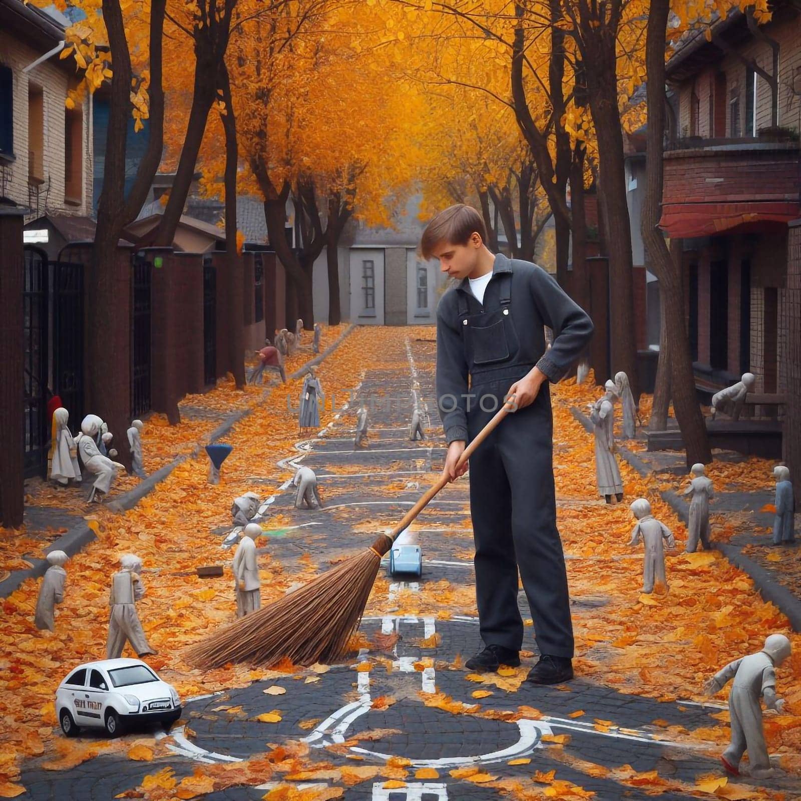Janitor sweeps the autumn the street