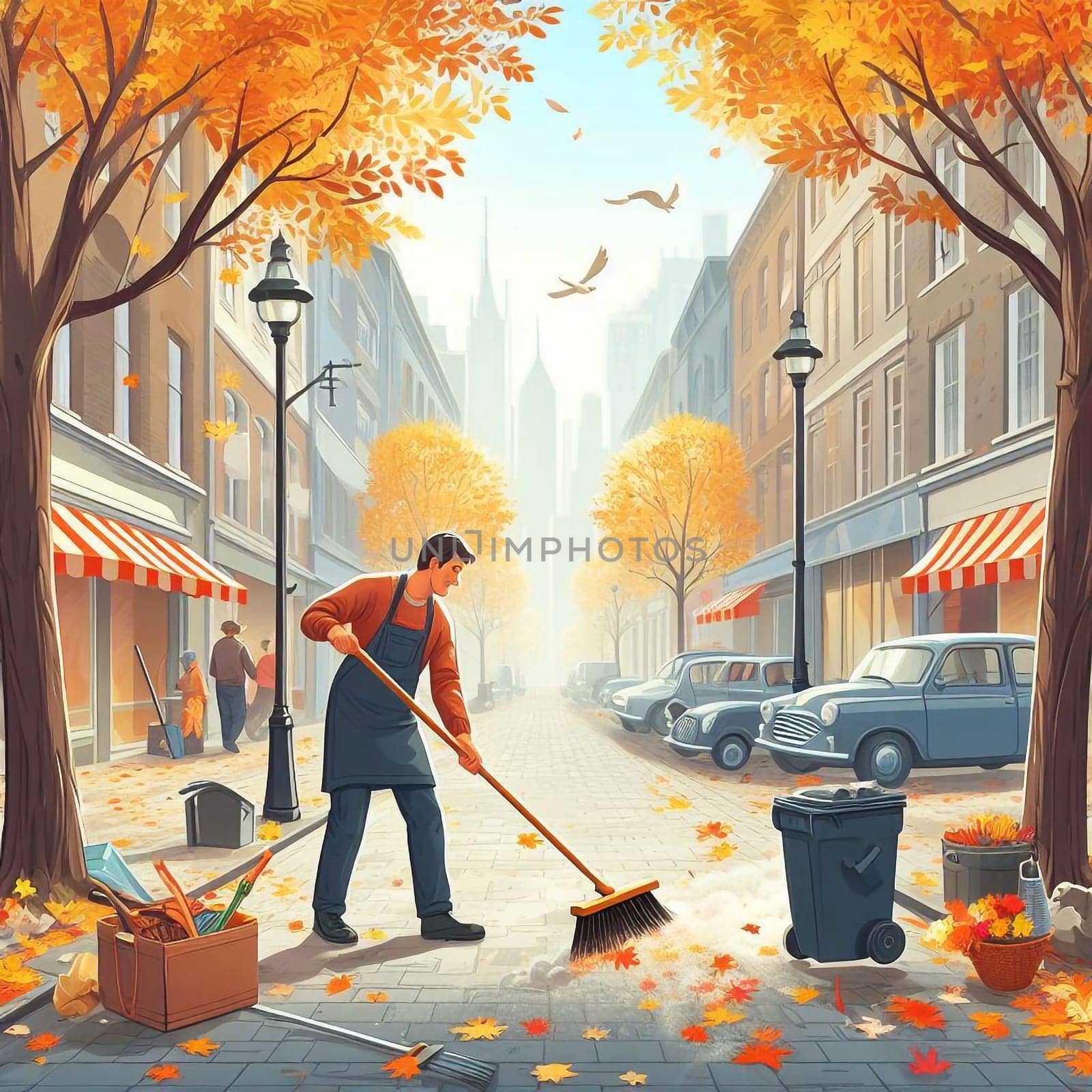 Janitor sweeps the autumn the street