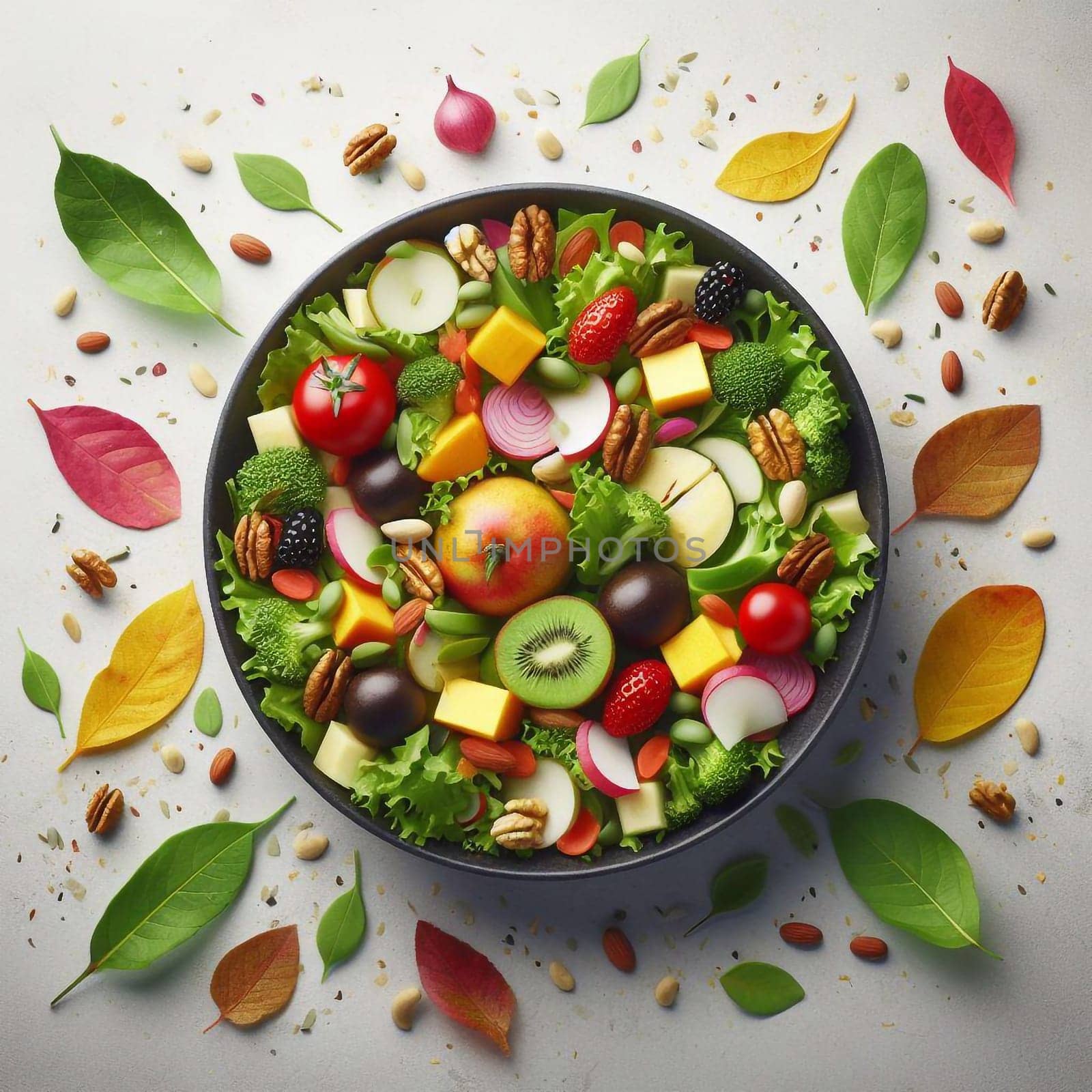 Salad organic food from fruits and the vegetables