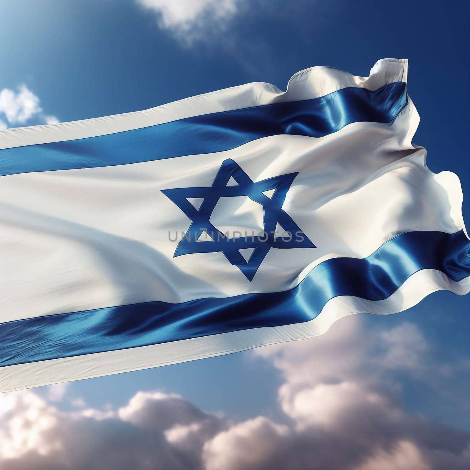 The flag of the State of Israel flutters in a the sky