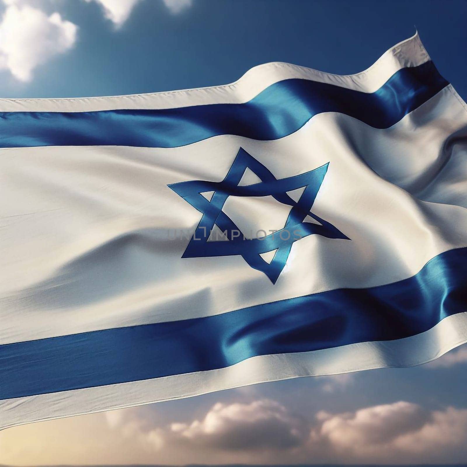 The flag of the State of Israel flutters in a the sky