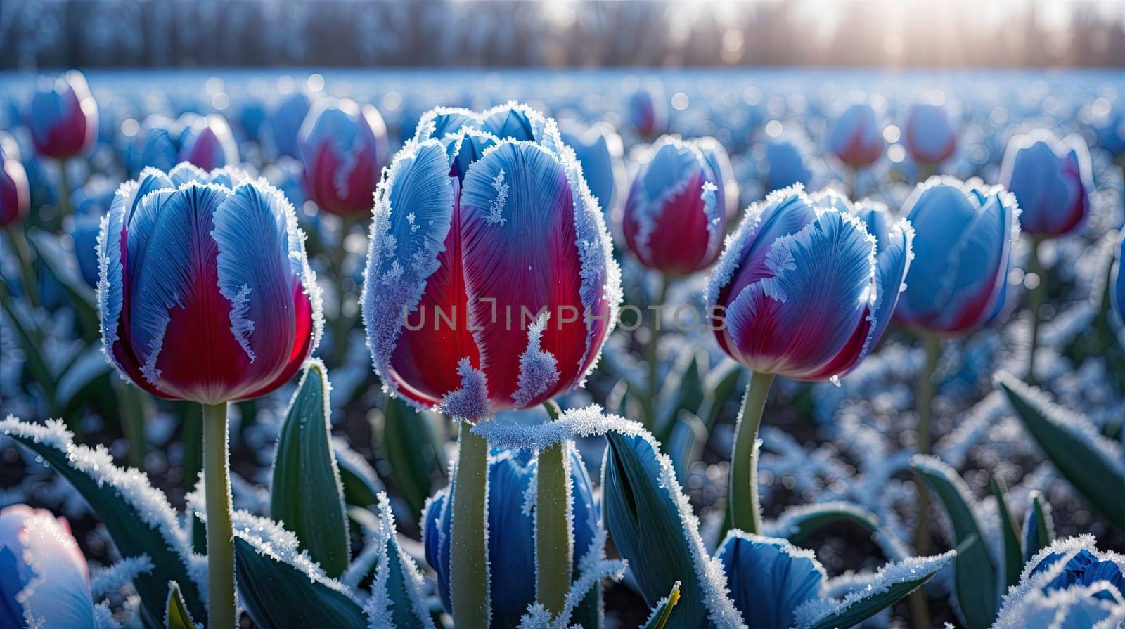 Field of frozen bright tulips. AI generated