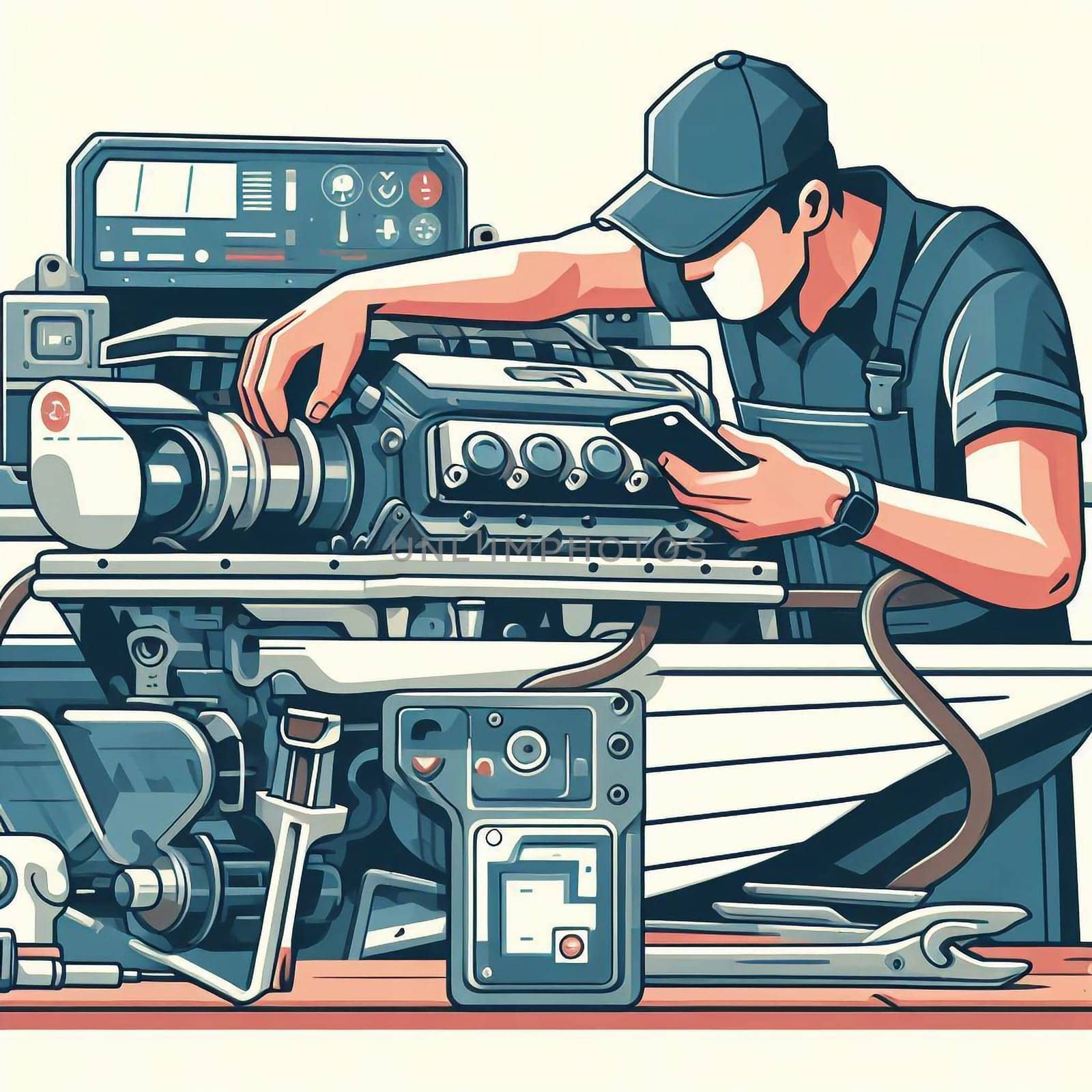 Checking a boat motor in a workshop by architectphd