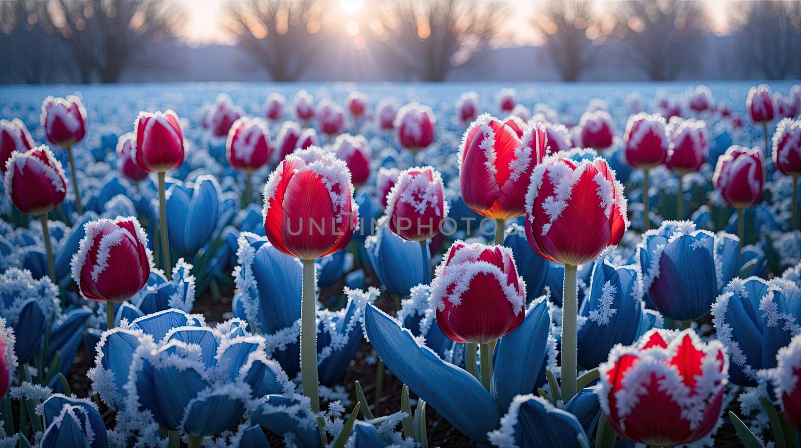 Field of frozen bright tulips. AI generated