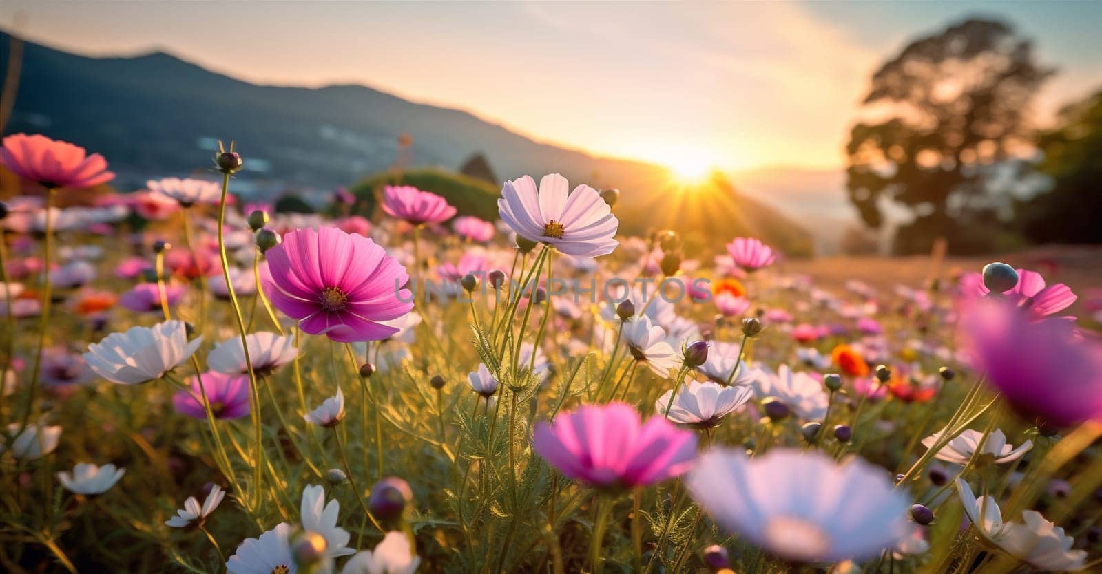 blooming cosmos nature pretty blossom season rural spring background countryside violet meadow outdoor flower field sunset beautiful bloom pink landscape floral. Generative AI.