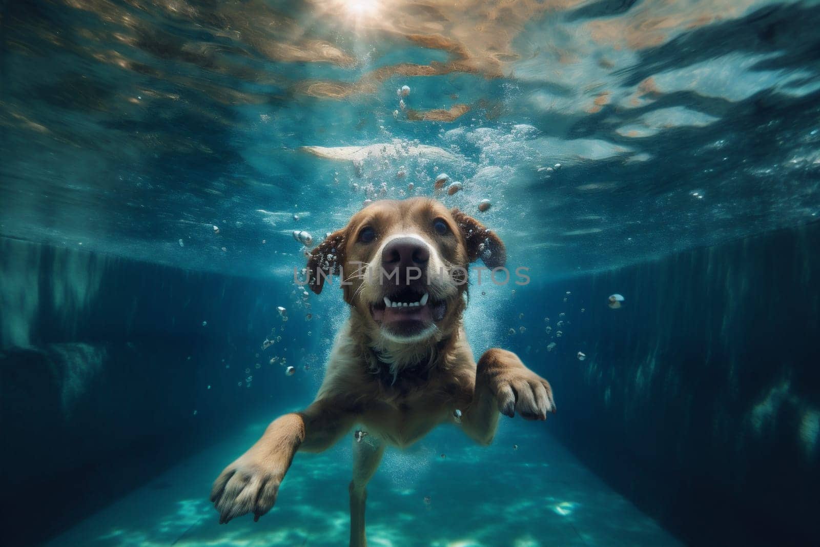 funny dog swimming vacation fun underwater puppy water pool snorkeling. Generative AI. by Vichizh
