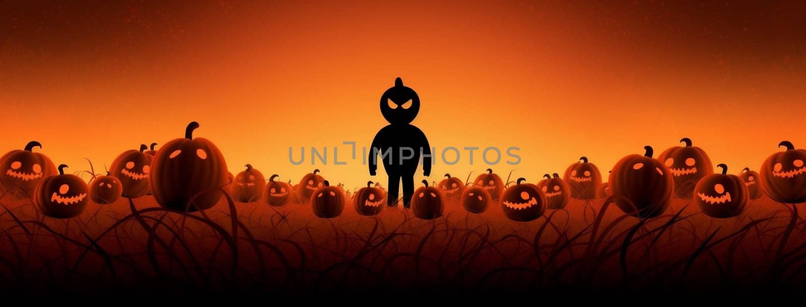 farm creepy horror holiday happy ghost face silhouette dark pumpkin spooky field halloween october orange night light design black evil. Generative AI.