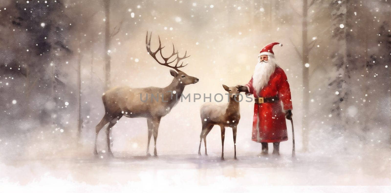 deer holiday illustration victorian vintage nature traditional new card tree greeting snow template night year reindeer claus christmas santa sleigh noel. Generative AI.