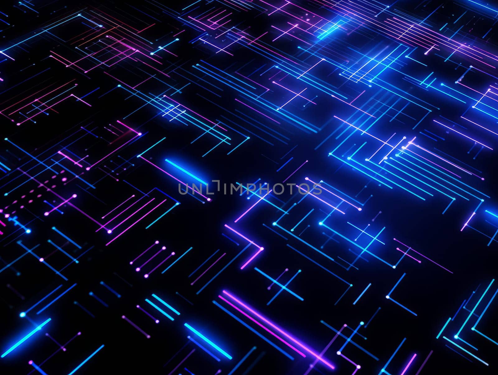 Abstract technology, blue and purple neon background of lines and dots, science and technology business concept of digital future technologies. AI