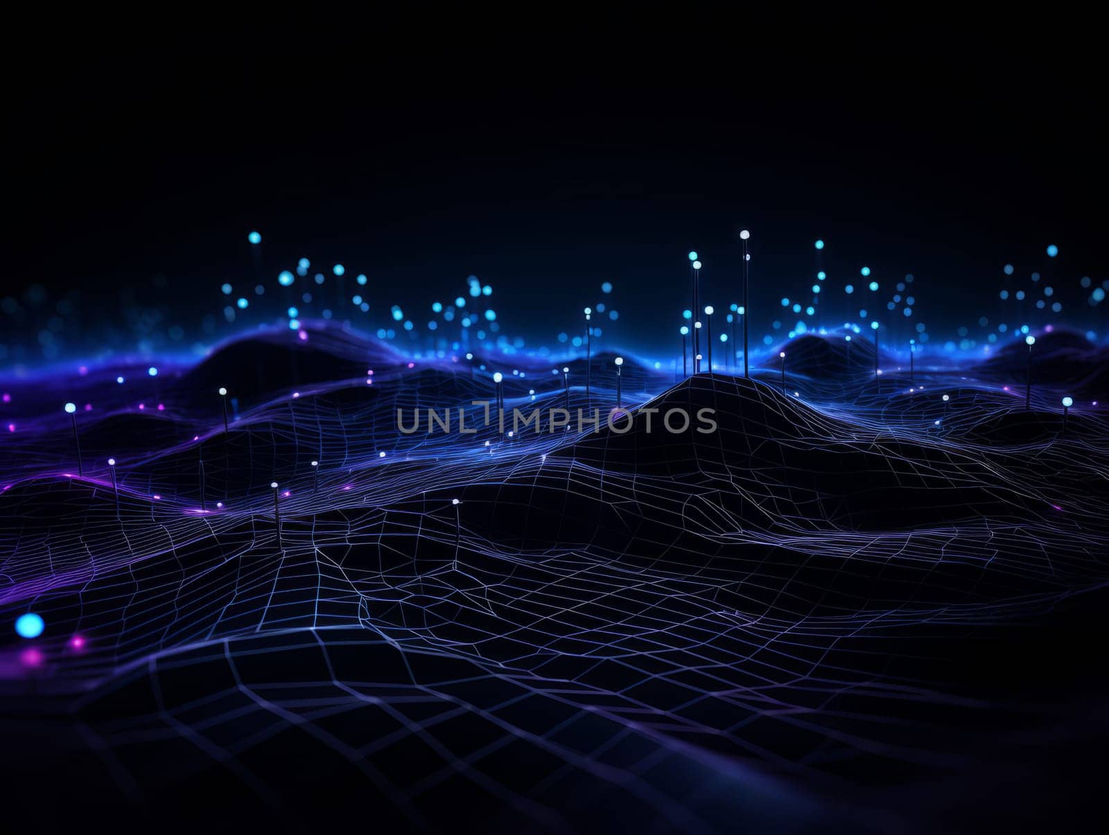 Abstract technology, blue and purple neon background of lines and dots, science and technology business concept of digital future technologies. AI