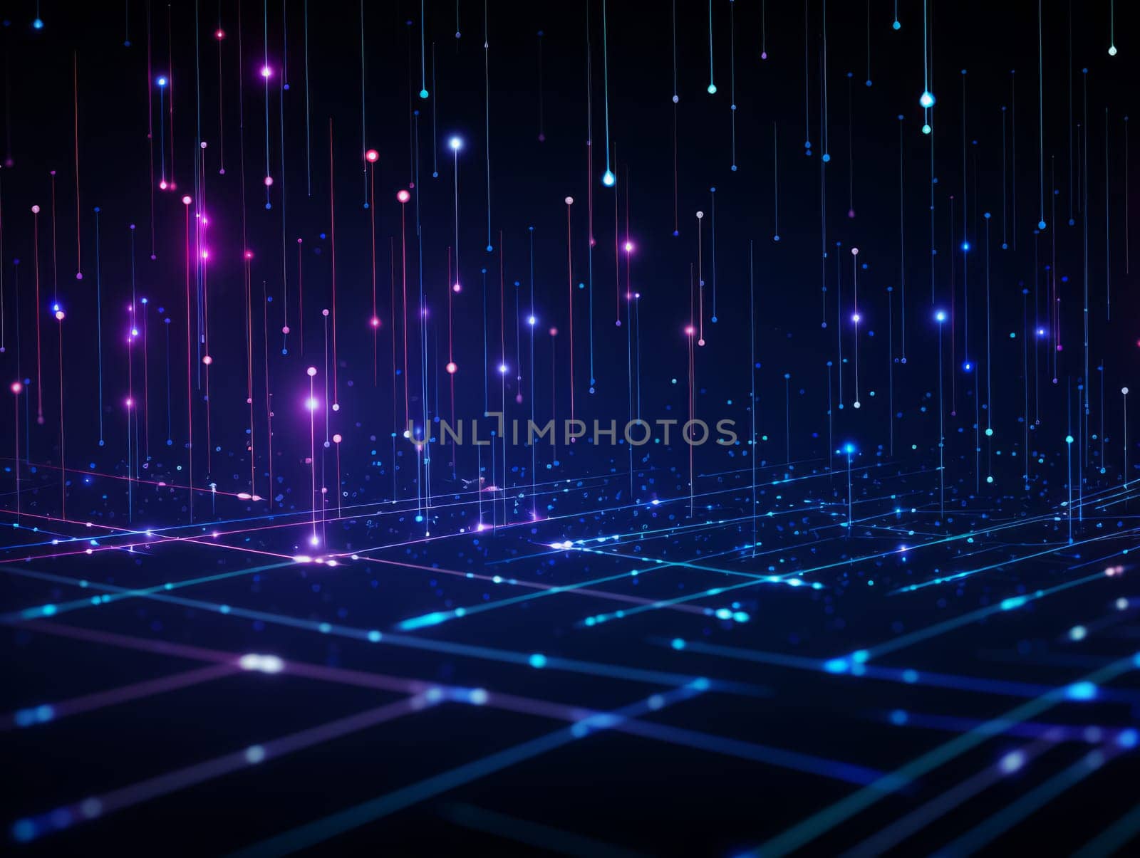 Abstract technology, blue and purple neon background of lines and dots, science and technology business concept of digital future technologies. AI