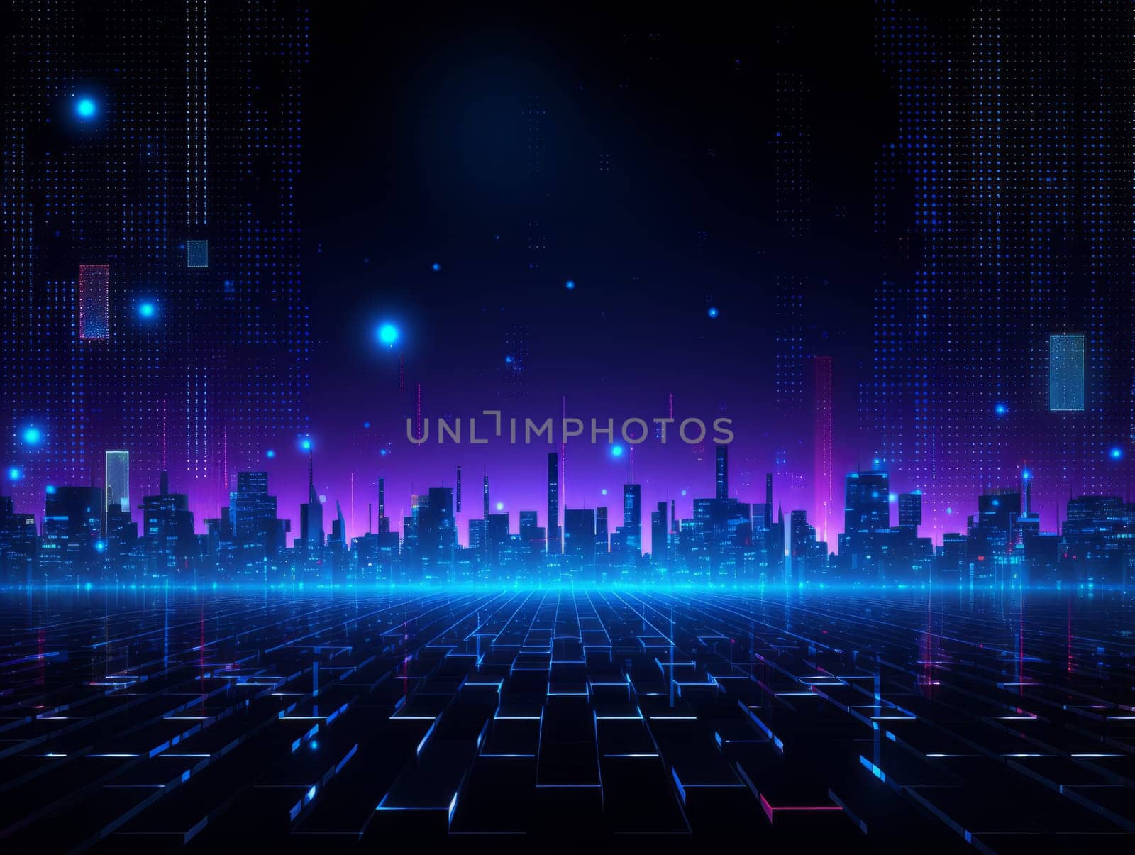 Abstract technology, blue and purple neon background of lines and dots, science and technology business concept of digital future technologies. AI