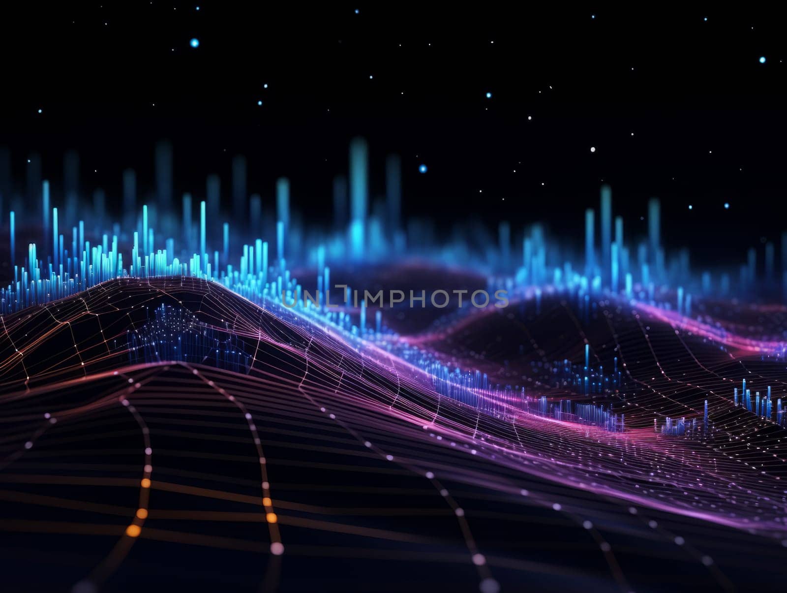 Abstract technology, blue and purple neon background of lines and dots, science and technology business concept of digital future technologies. AI