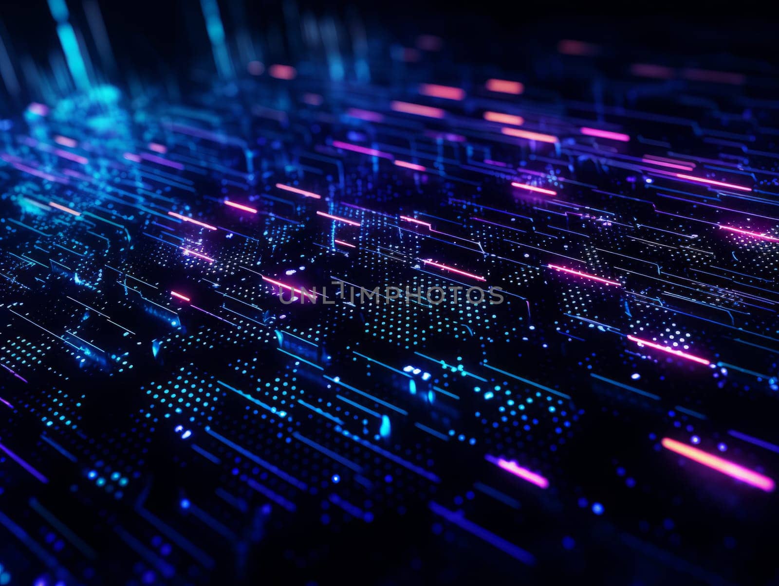 Abstract technology, blue and purple neon background of lines and dots, science and technology business concept of digital future technologies. AI