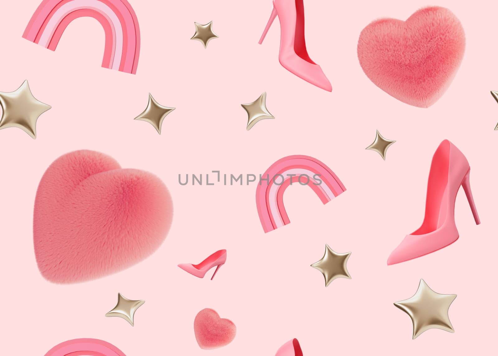 Pink seamless pattern with stars, hearts, high heels. Applicable for fabric print, textile, wallpaper, gifts wrapping paper. Repeatable texture. Modern style, pattern for girls bedding, clothes. 3D