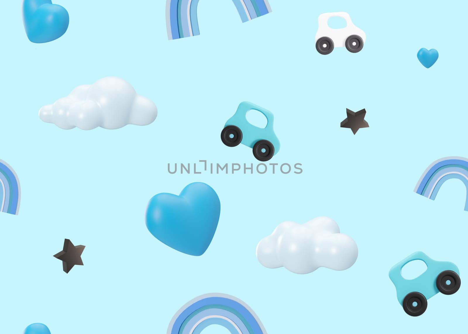 Blue seamless pattern with cars, hearts, clouds. Applicable for fabric print, textile, wallpaper, gifts wrapping paper. Repeatable texture. Modern style, pattern for boys bedding, clothes. 3D