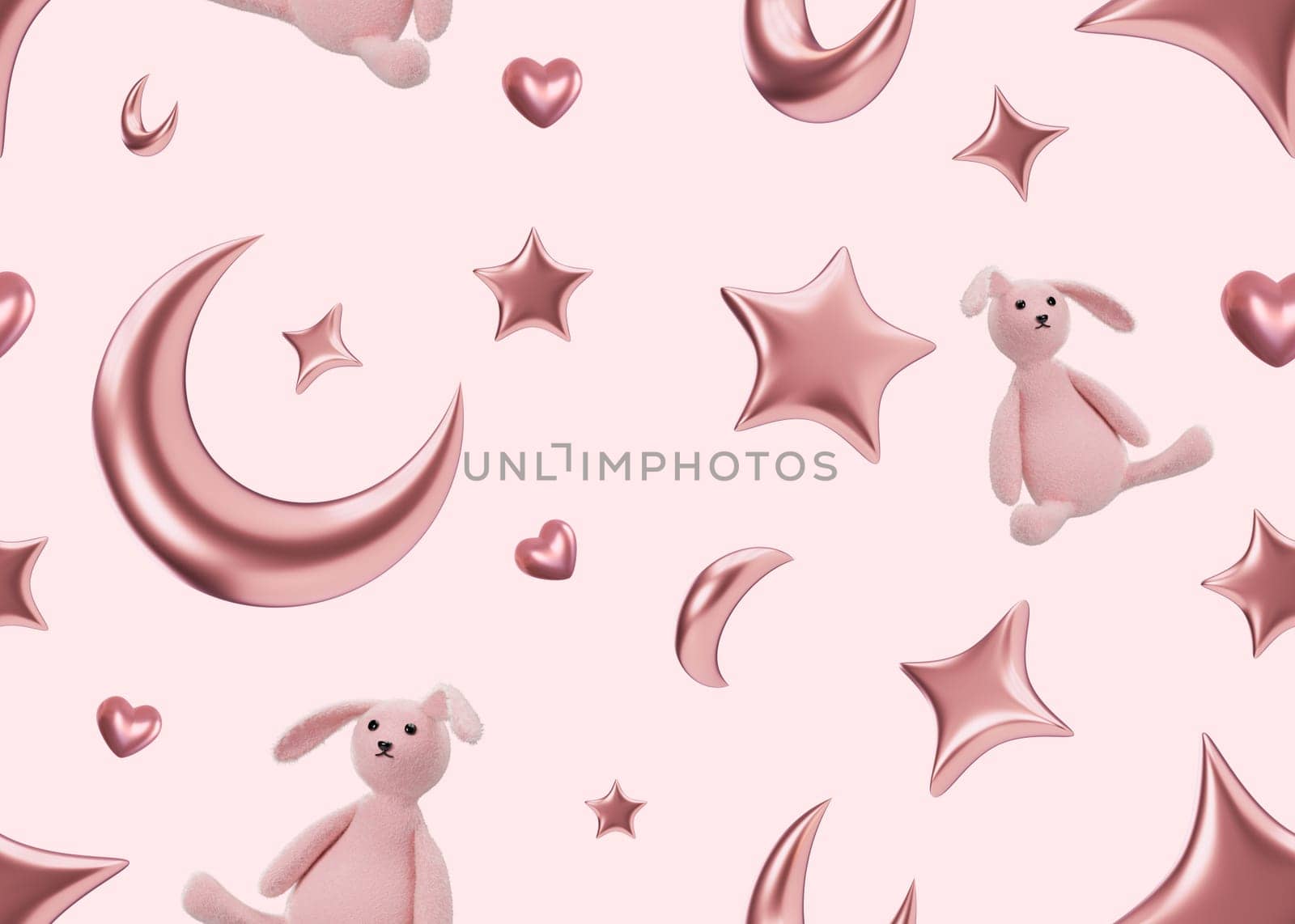 Pink seamless pattern with stars, moons and bunnies. Applicable for fabric print, textile, wallpaper, gifts wrapping paper. Repeatable texture. Modern style, pattern for girls bedding, clothes. 3D