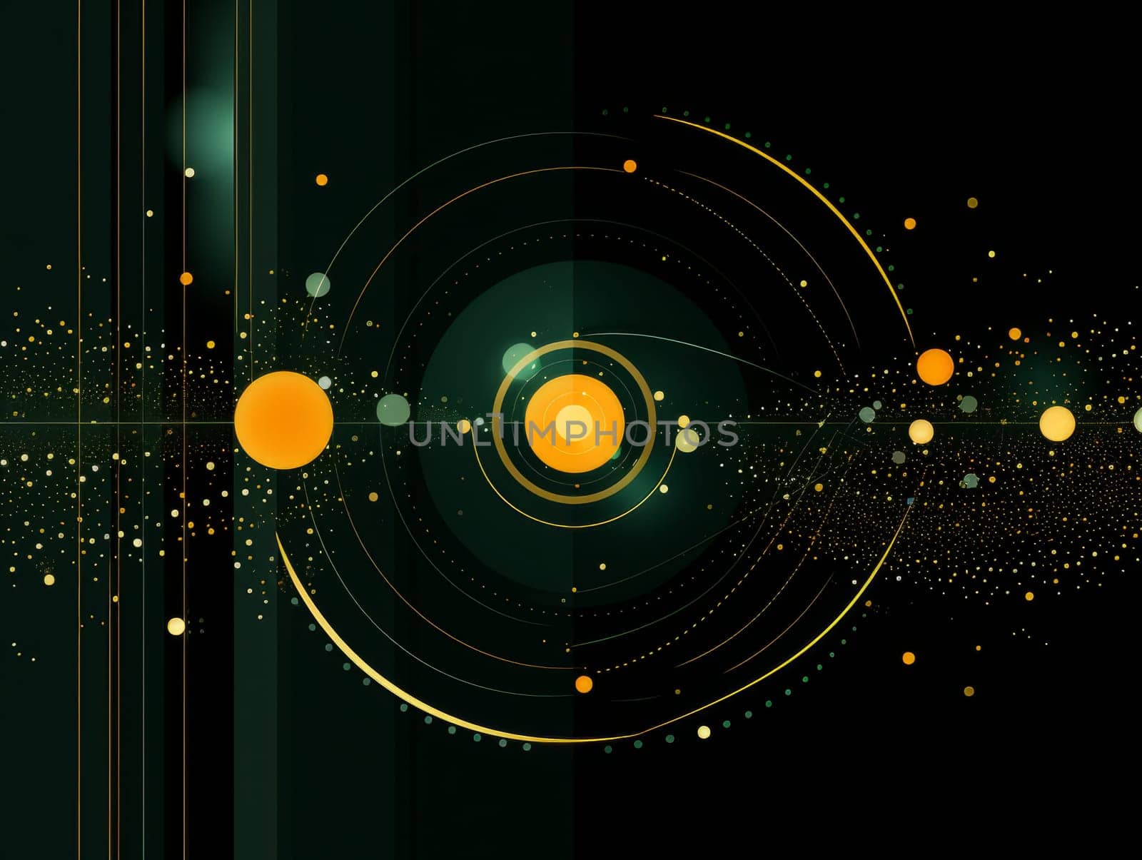 Abstract technology, green and yellow neon background of lines and dots, science and technology business concept of digital future technologies. AI