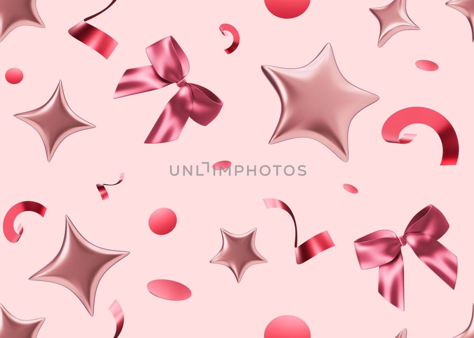 Repeatable texture, seamless pattern for girls. Shiny ribbons, bows, stars, confetti on a soft pink background. Applicable wrapping paper for gifts and presents, textile prints. Festive, playful. 3D