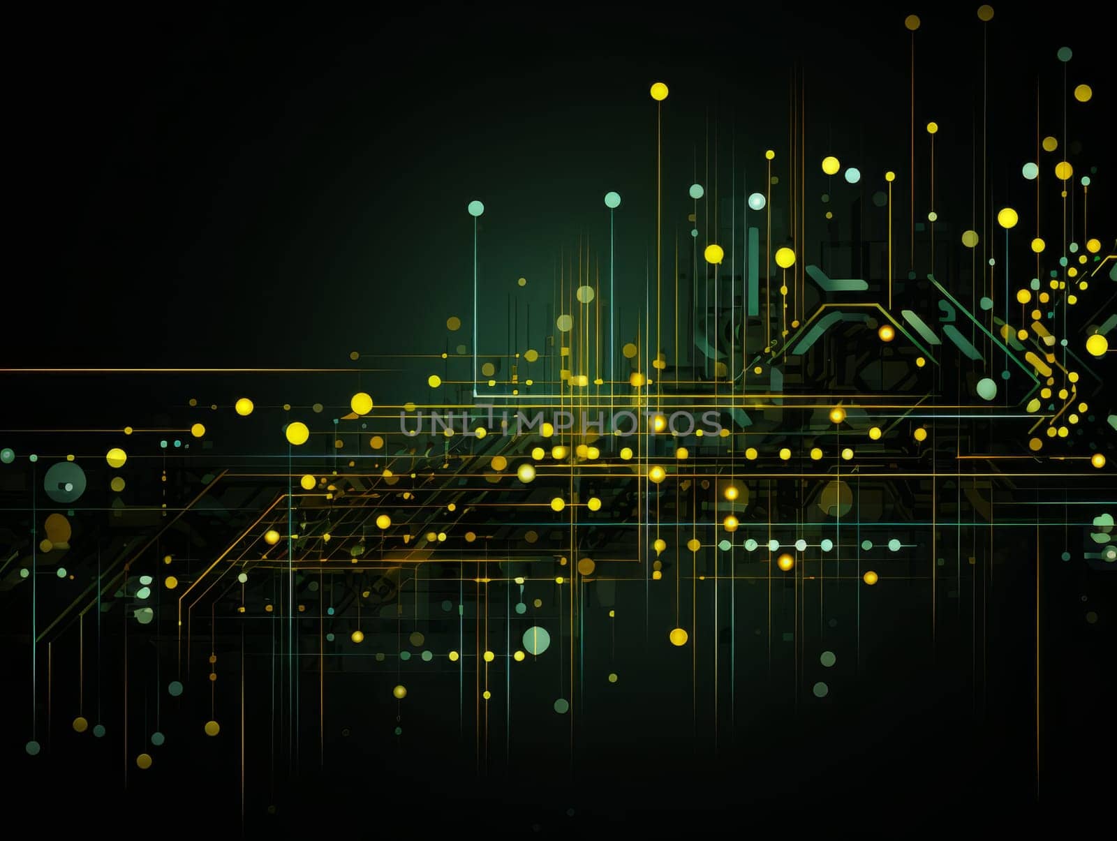 Abstract technology, green and yellow neon background of lines and dots, science and technology business concept of digital future technologies. AI