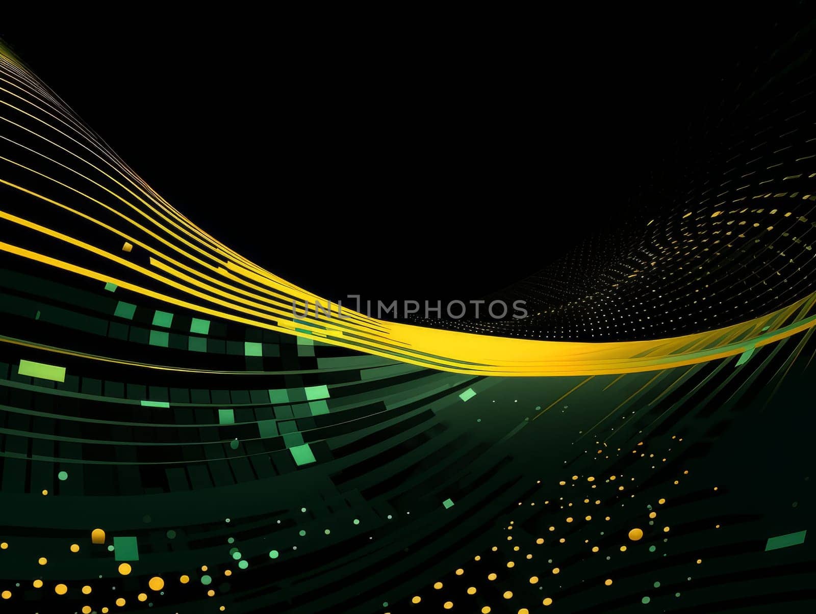 Abstract technology, green and yellow neon background of lines and dots, science and technology business concept of digital future technologies. AI