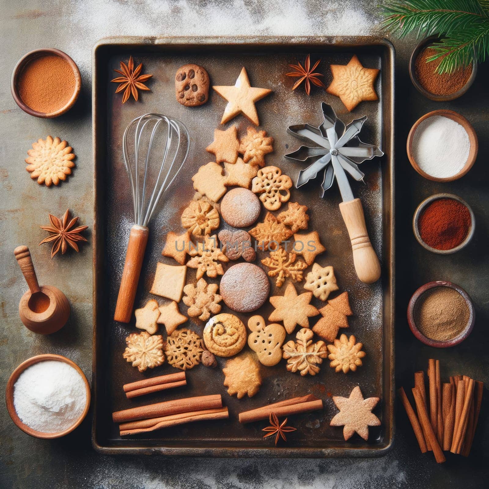 Christmas baking background with fir tree made from kitchen utensils, cookies, spices, cinnamon sticks, anise stars on rustic baking tray, top view