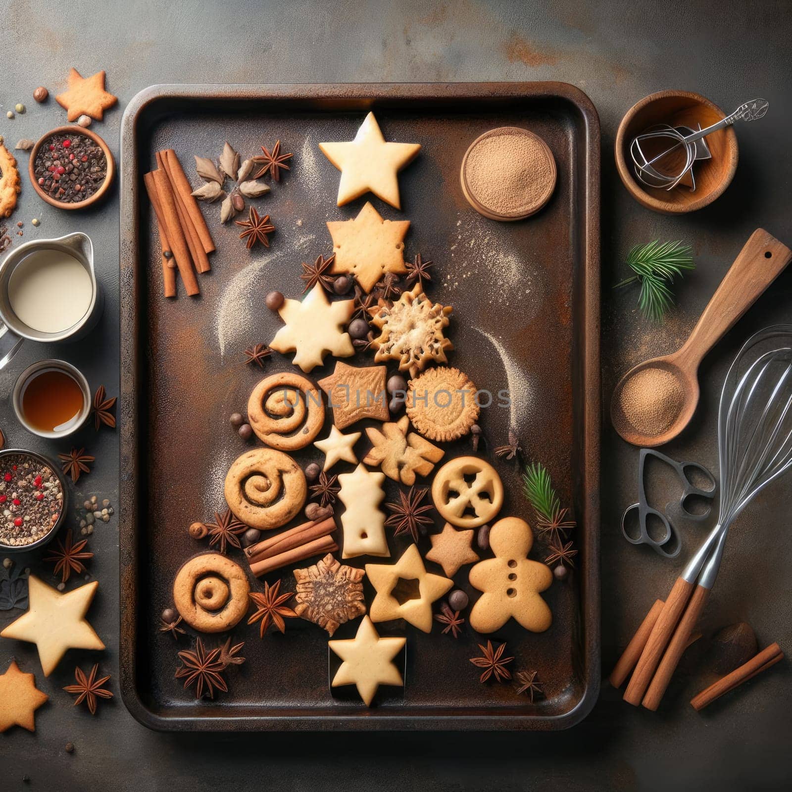 Christmas baking background with fir tree made from kitchen utensils, cookies, spices, cinnamon sticks, anise stars on rustic baking tray, top view