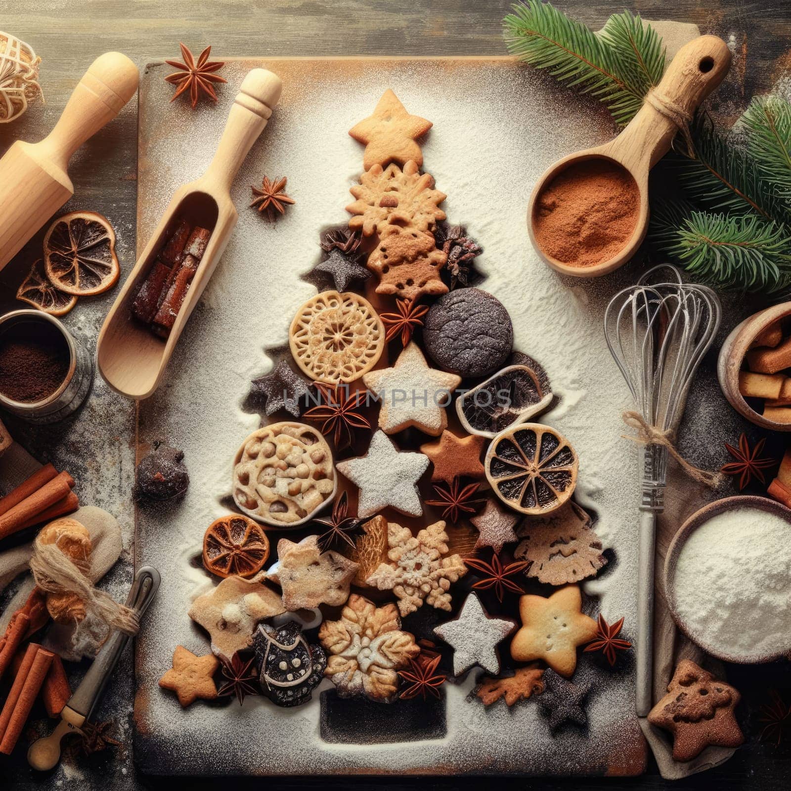 Christmas baking background with fir tree made from kitchen utensils, cookies, spices, cinnamon sticks, anise stars on rustic baking tray, top view