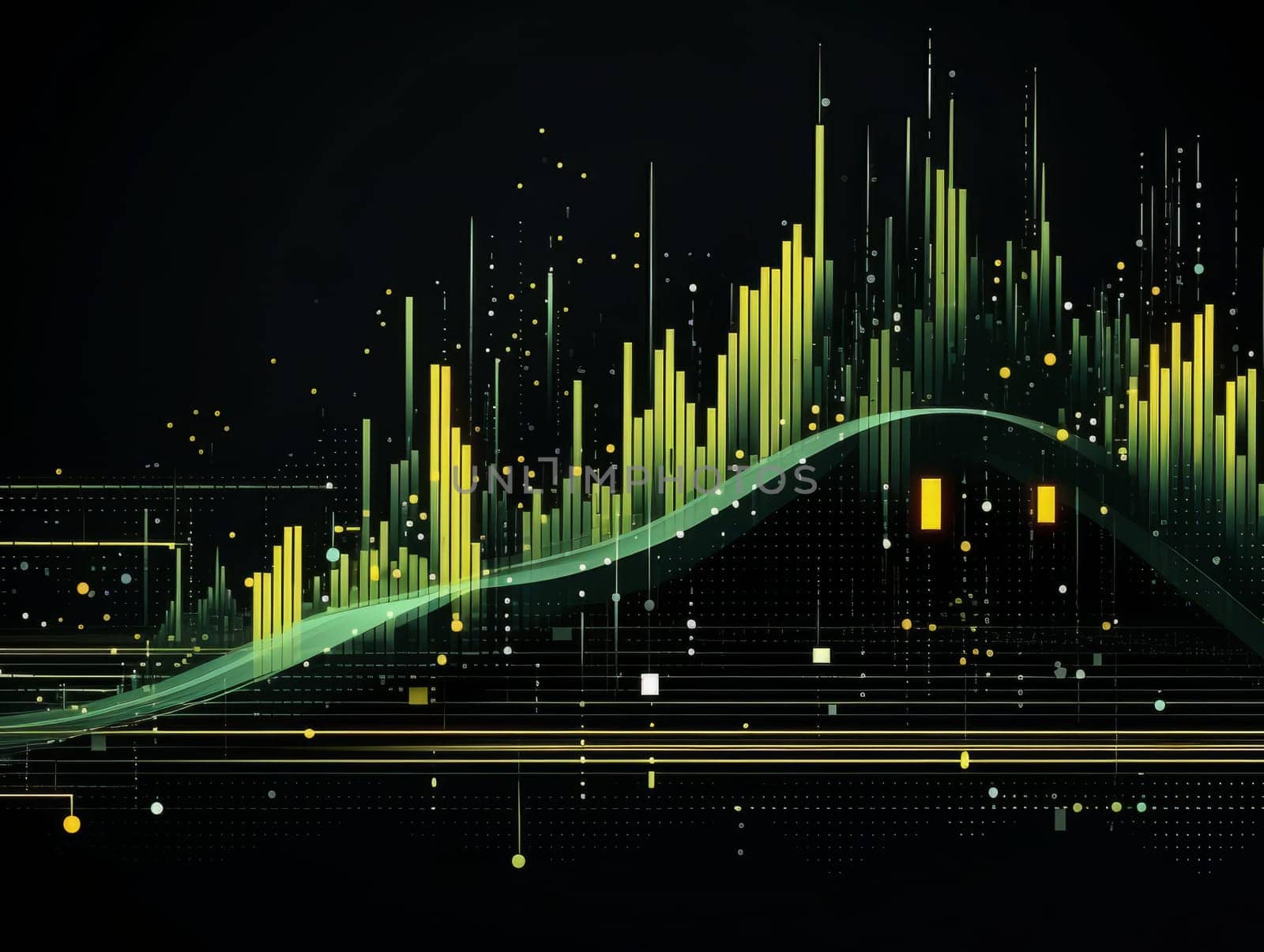 Abstract technology, green and yellow neon background of lines and dots, science and technology business concept of digital future technologies. AI