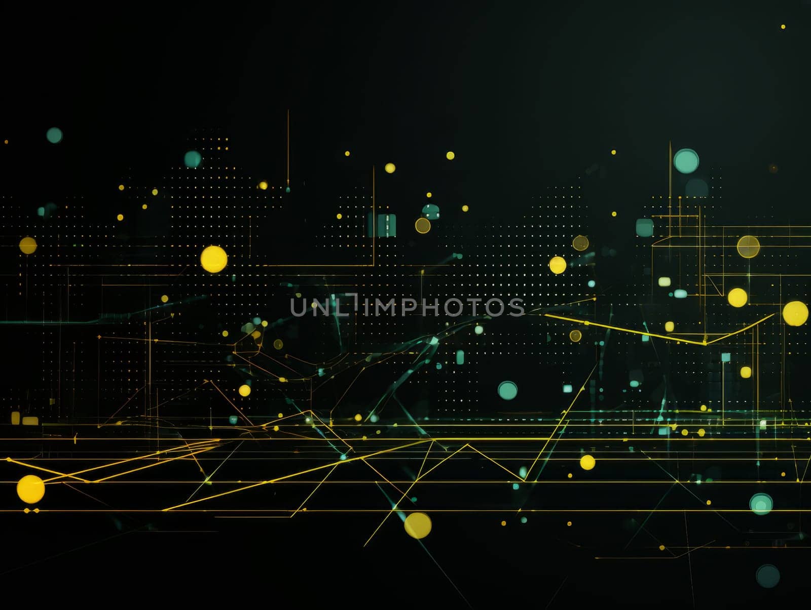 Abstract technology, green and yellow neon background of lines and dots, science and technology business concept of digital future technologies. AI
