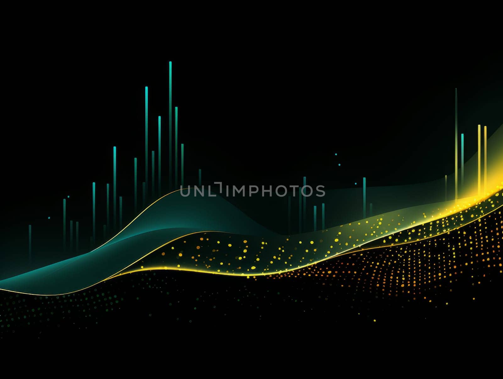 Abstract technology, green and yellow neon background of lines and dots, science and technology business concept of digital future technologies. AI