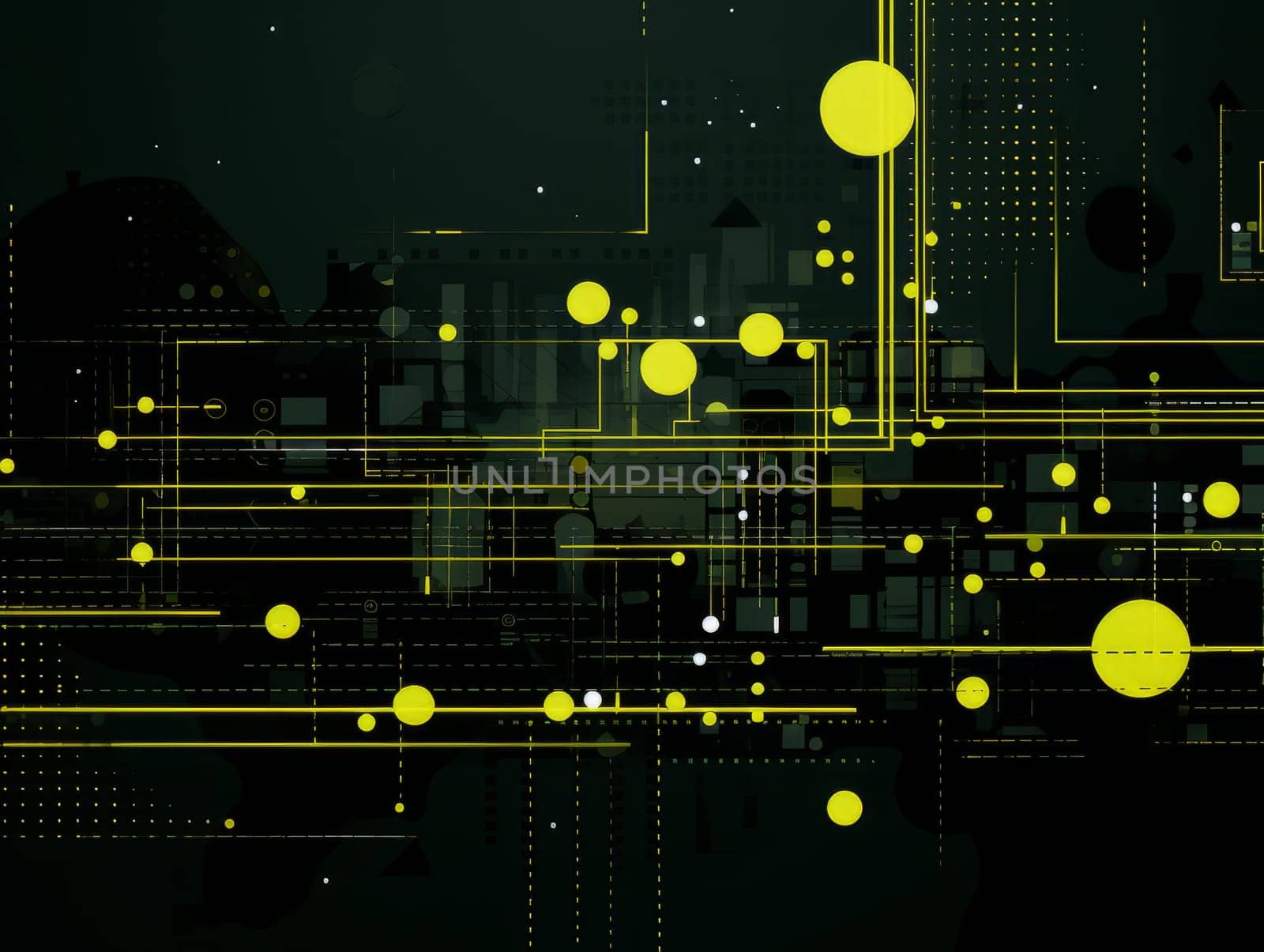 Abstract technology, green and yellow neon background of lines and dots, science and technology business concept of digital future technologies. AI