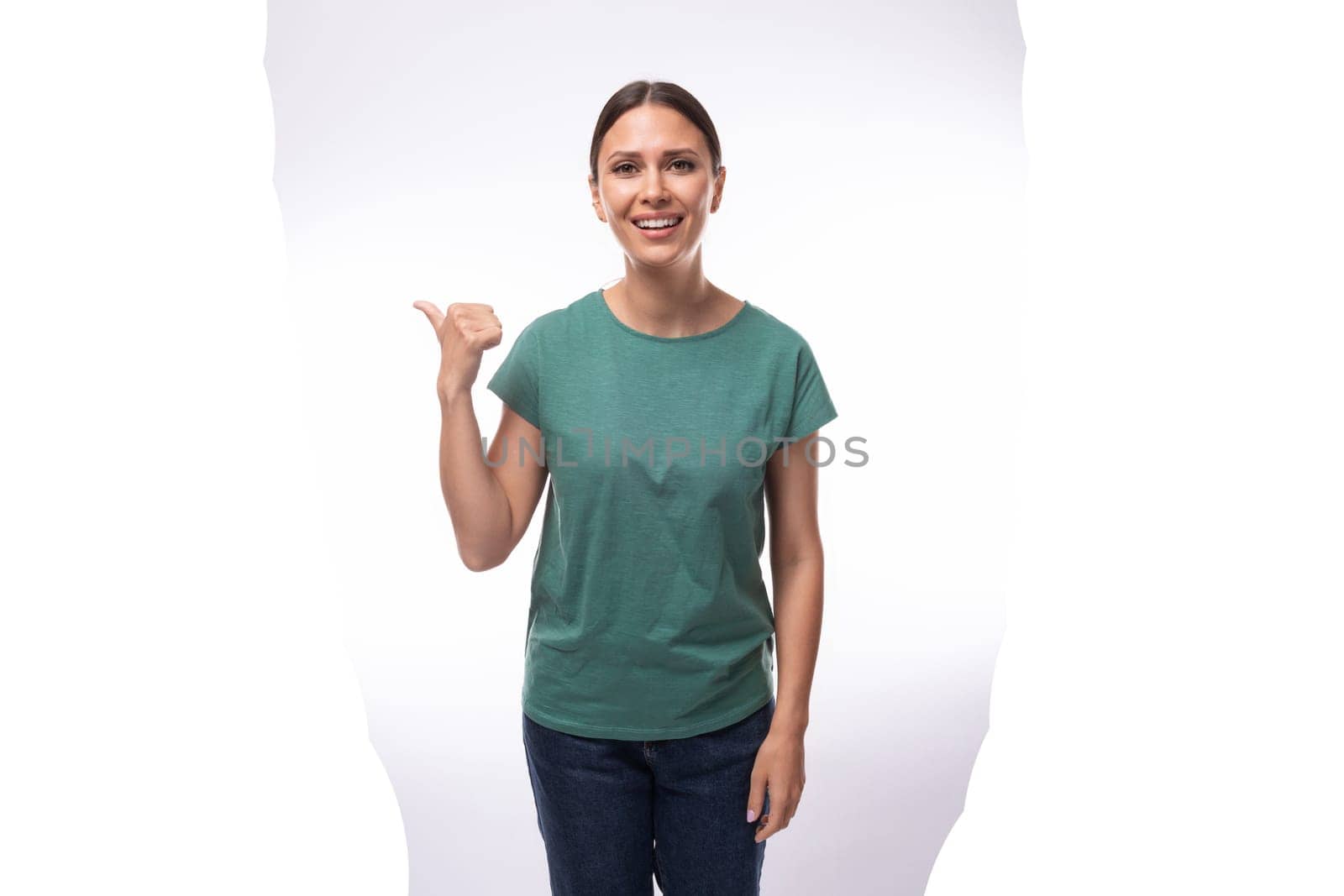 young slim woman dressed in a green basic t-shirt with branding print space by TRMK