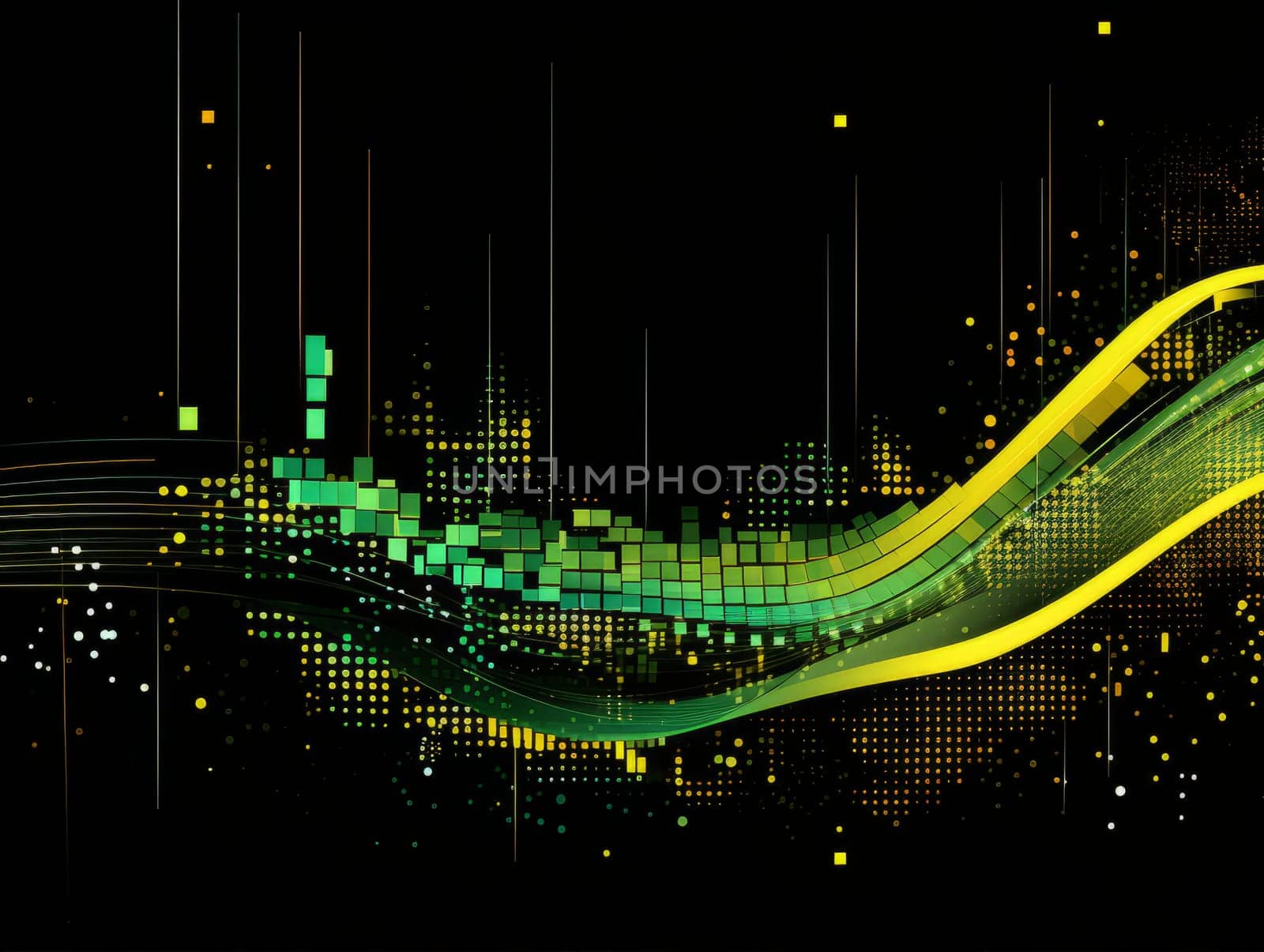 Abstract technology, green and yellow neon background of lines and dots, science and technology business concept of digital future technologies. AI