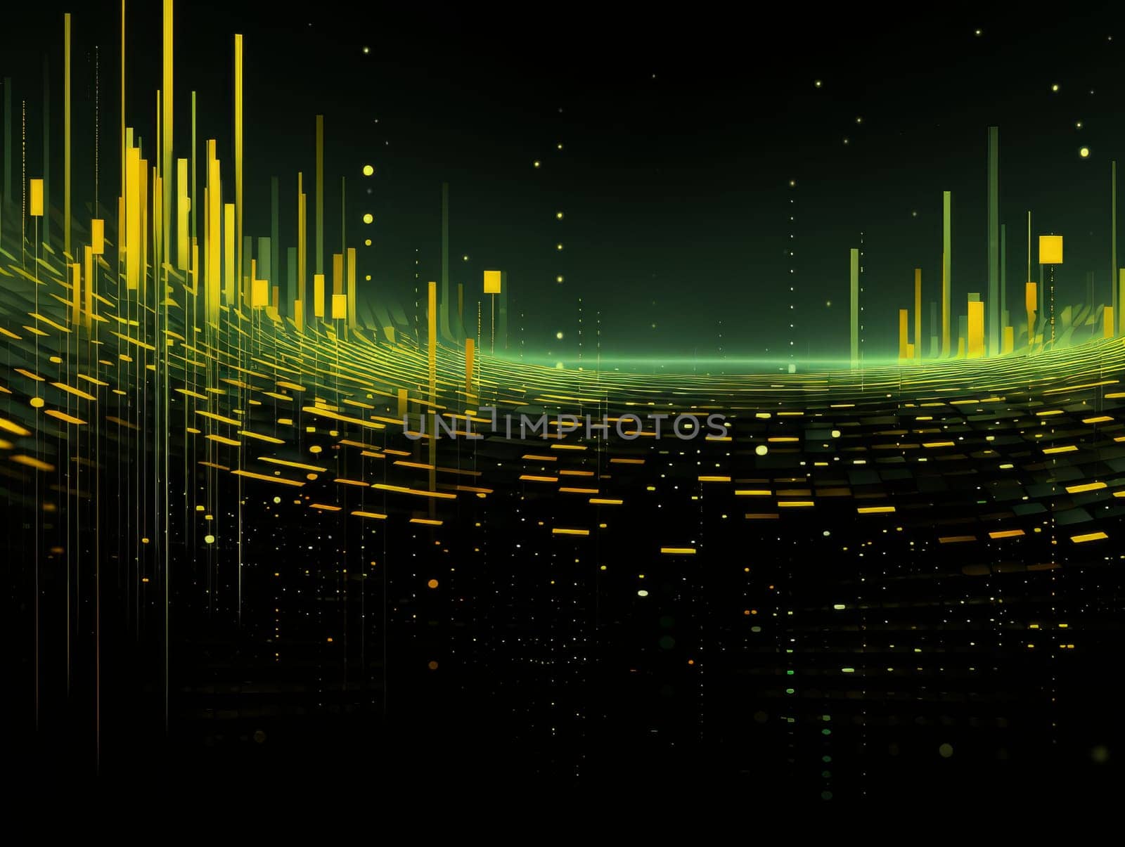 Abstract technology, green and yellow neon background of lines and dots, science and technology business concept of digital future technologies. AI