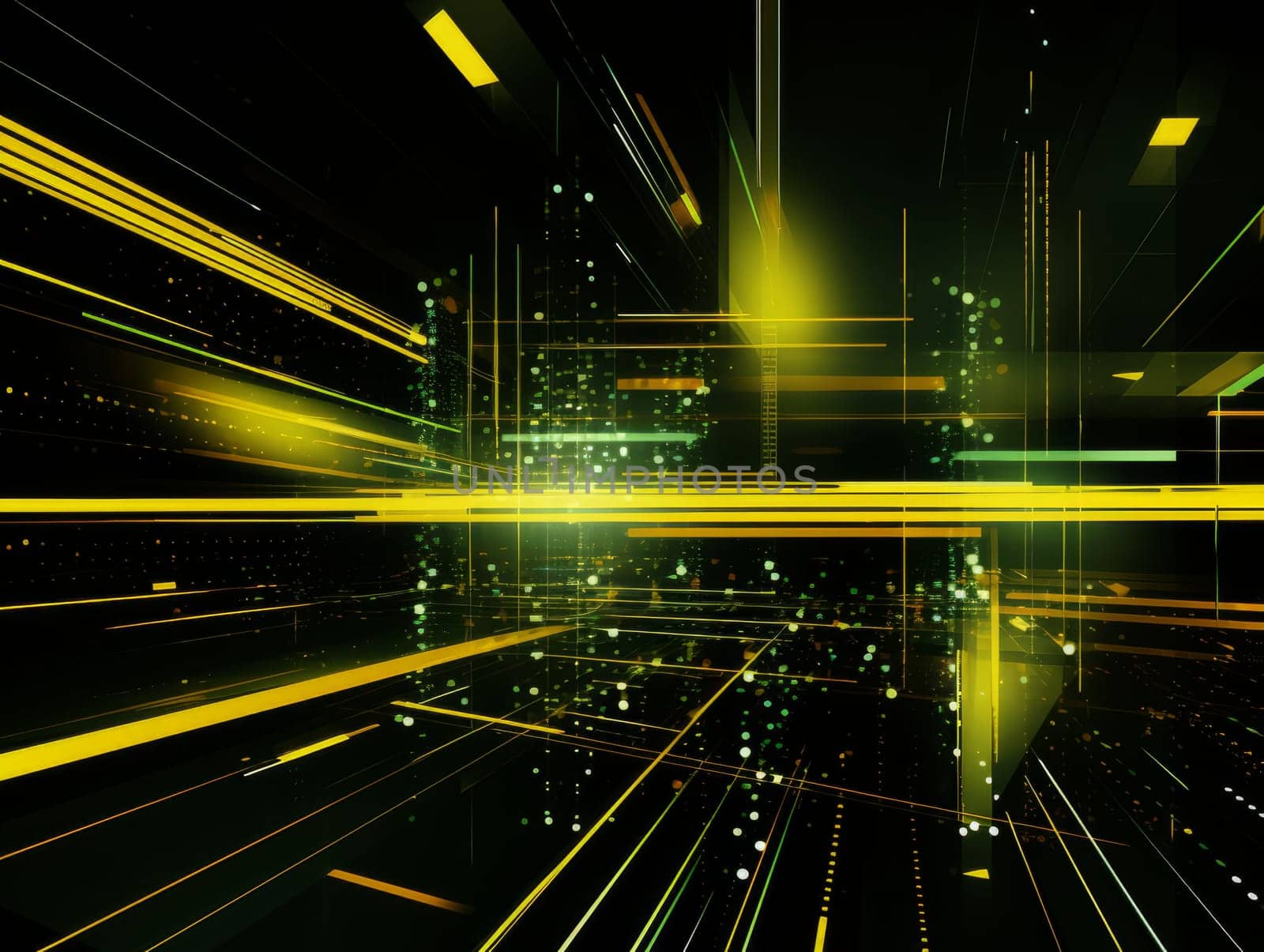 Abstract technology, green and yellow neon background of lines and dots, science and technology business concept of digital future technologies. AI