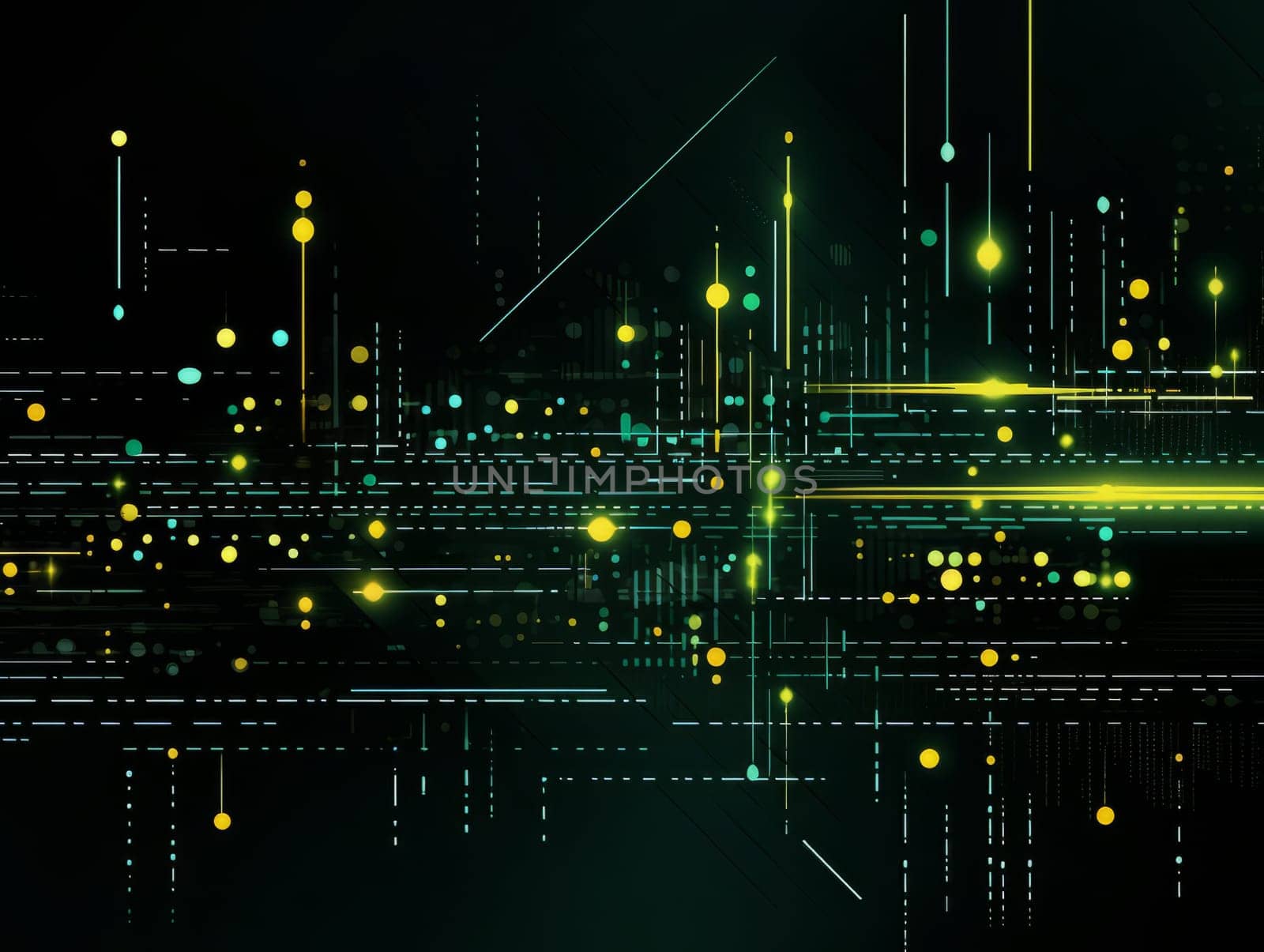 Abstract technology, green and yellow neon background of lines and dots, science and technology business concept of digital future technologies. AI