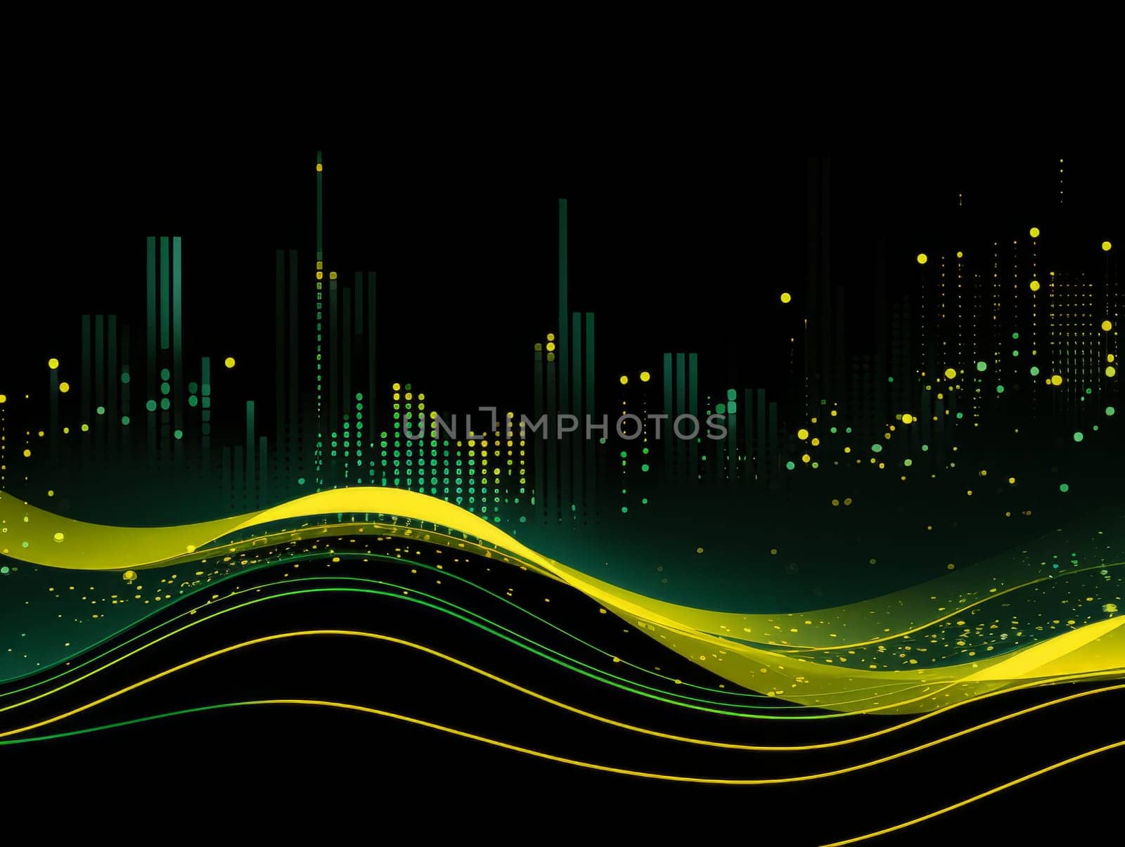 Abstract technology, green and yellow neon background of lines and dots, science and technology business concept of digital future technologies. AI