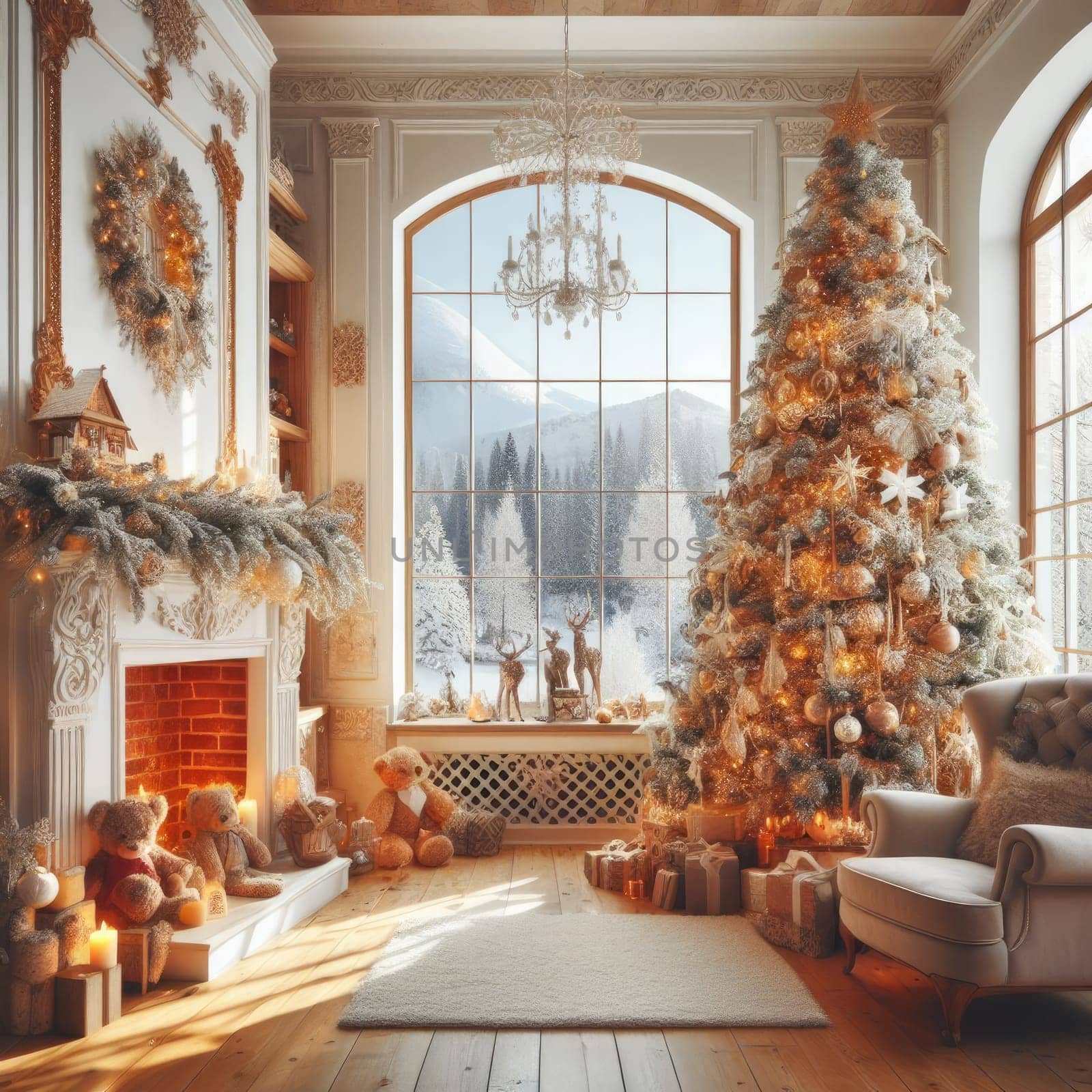 Christmas morning interior with christmas tree decorated fireplace and big window. White loft.