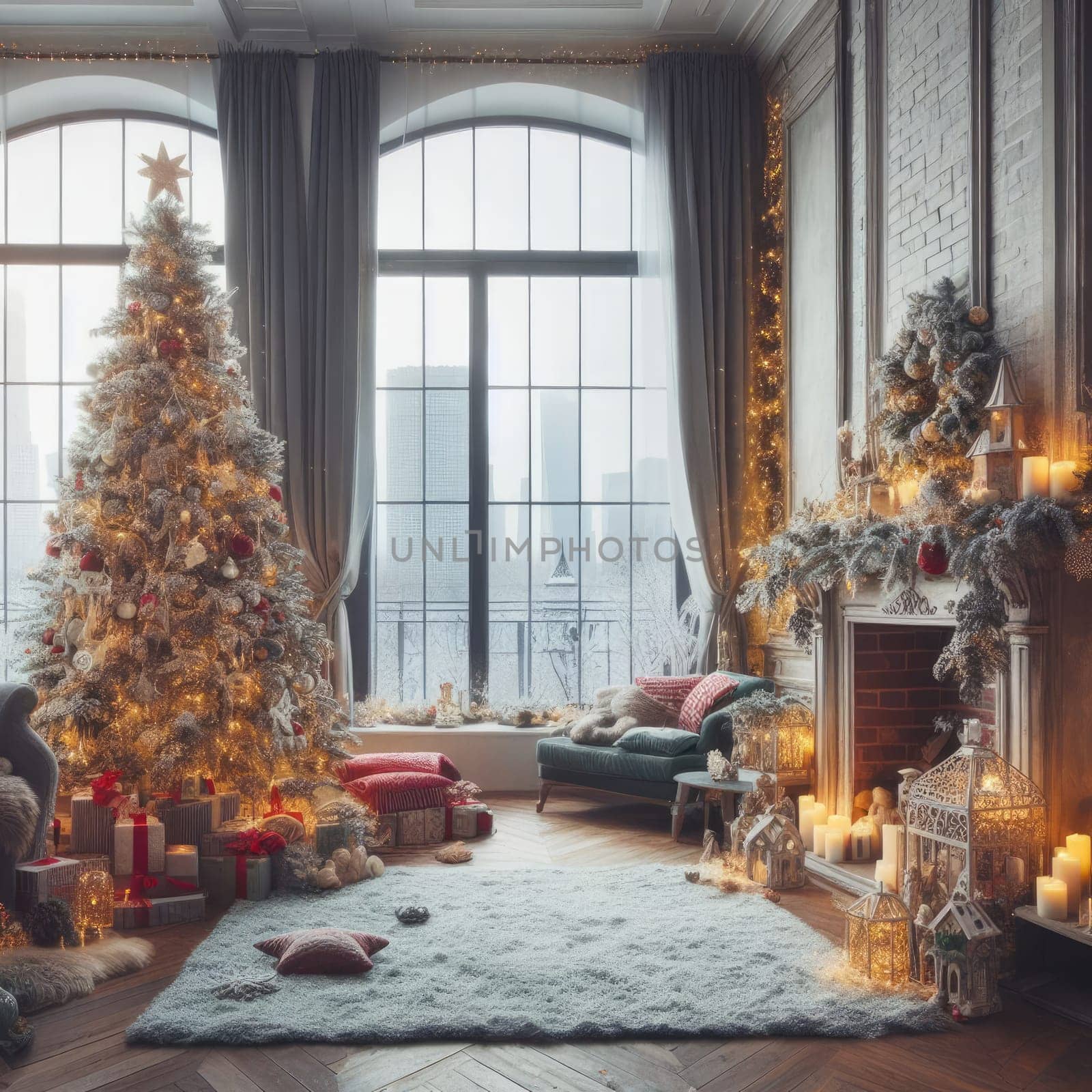 Christmas morning interior with christmas tree decorated fireplace and big window. White loft.