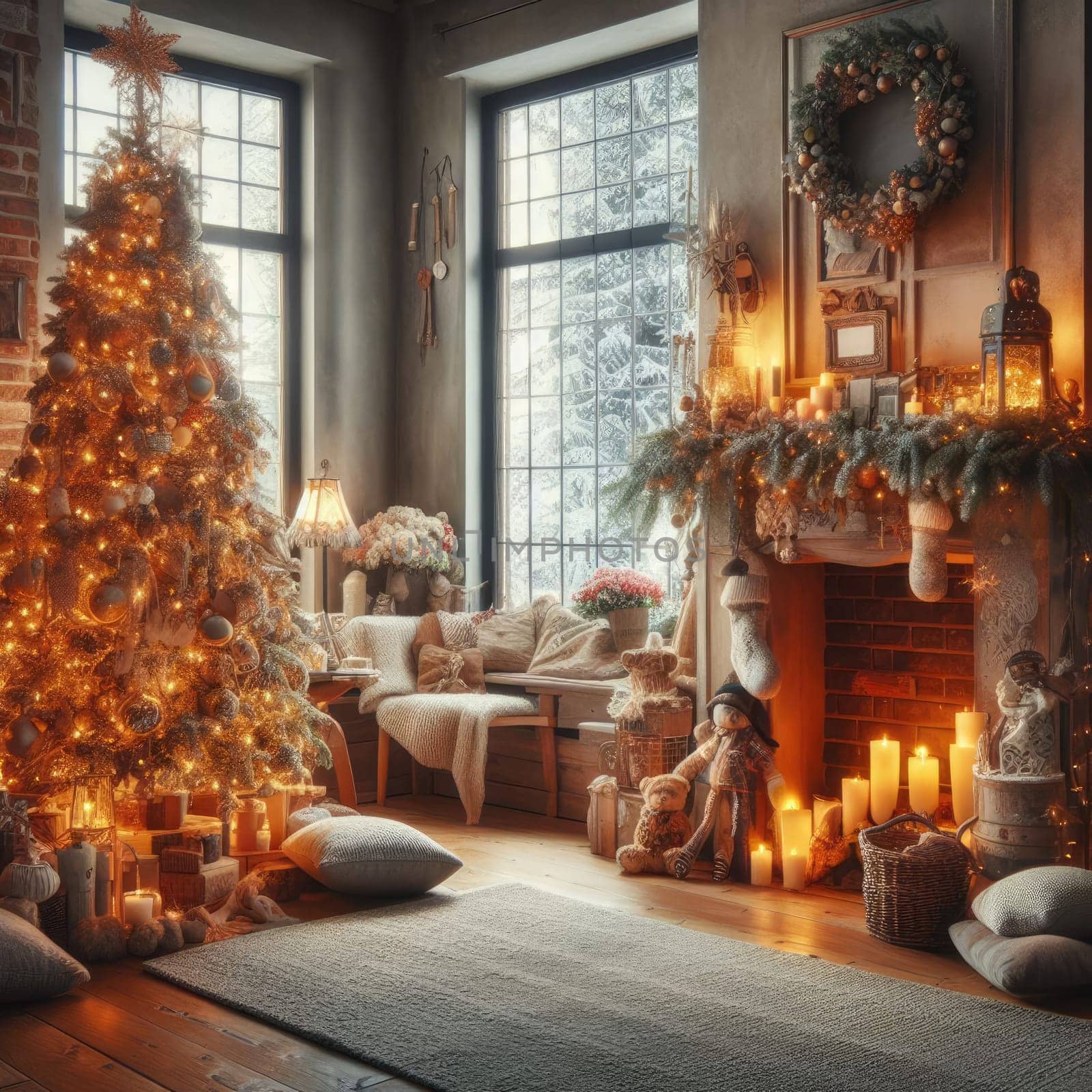 Christmas morning interior with christmas tree decorated fireplace and big window. White loft.