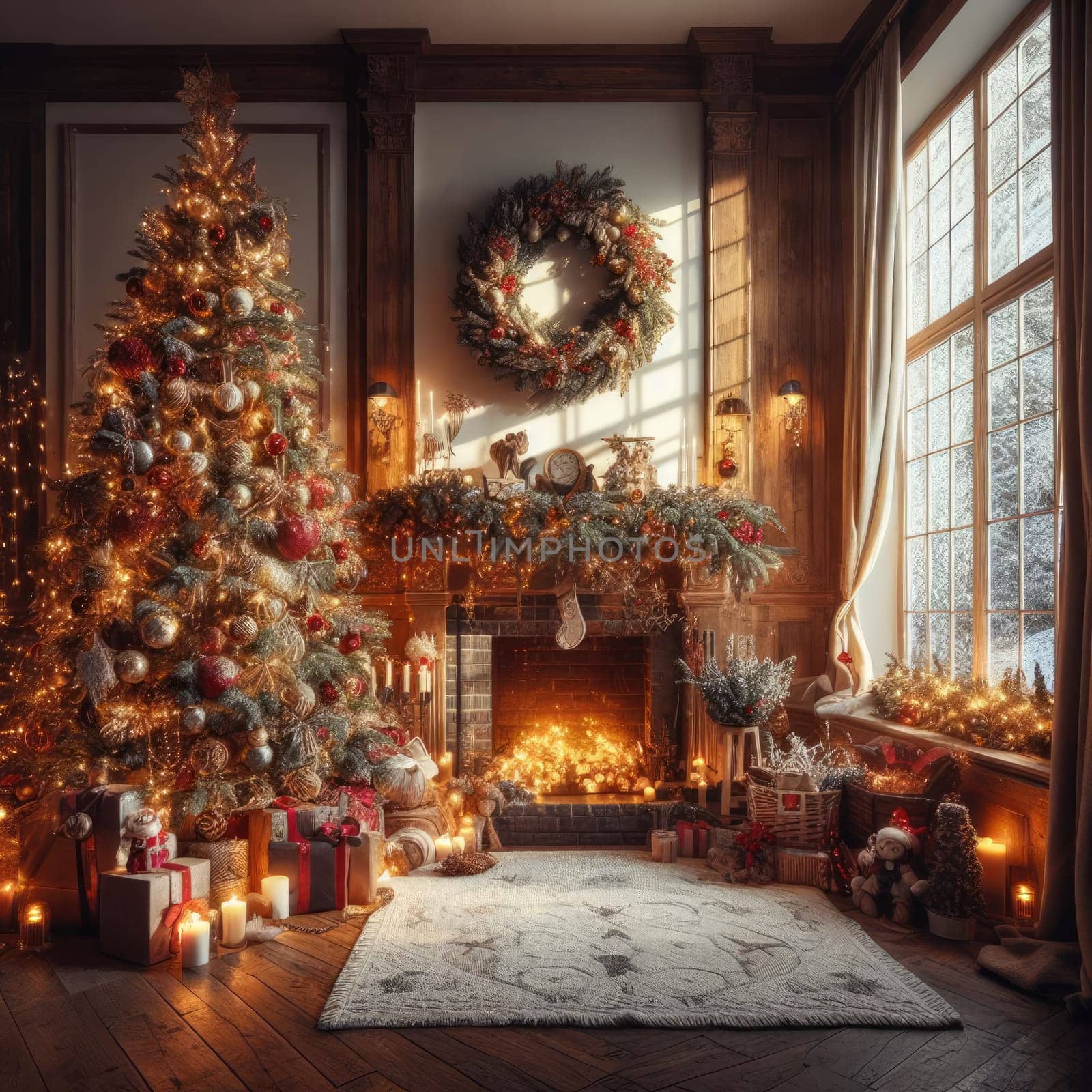 Christmas morning interior with christmas tree decorated fireplace and big window. White loft.