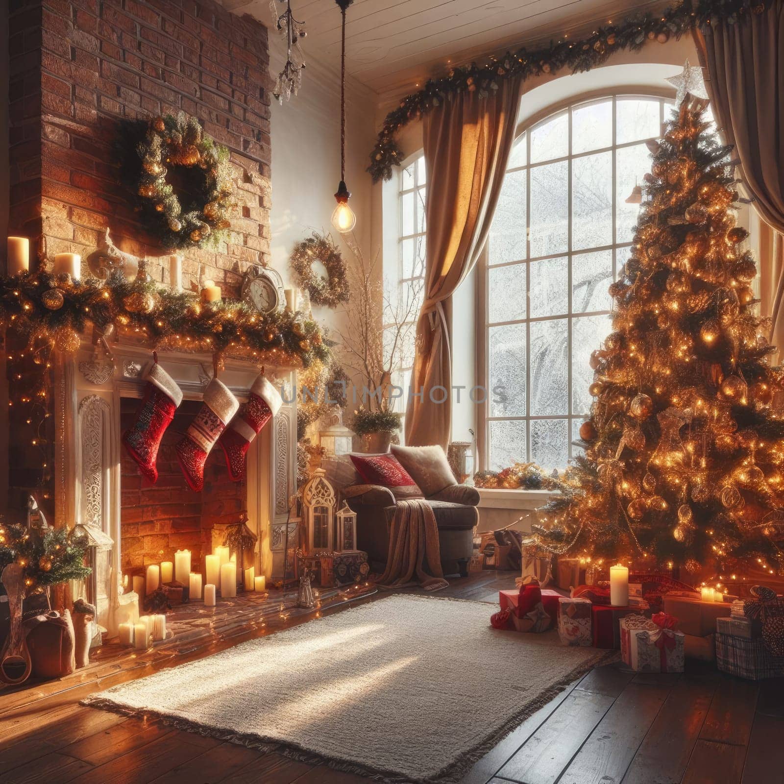 Christmas morning interior with christmas tree decorated fireplace and big window. White loft.