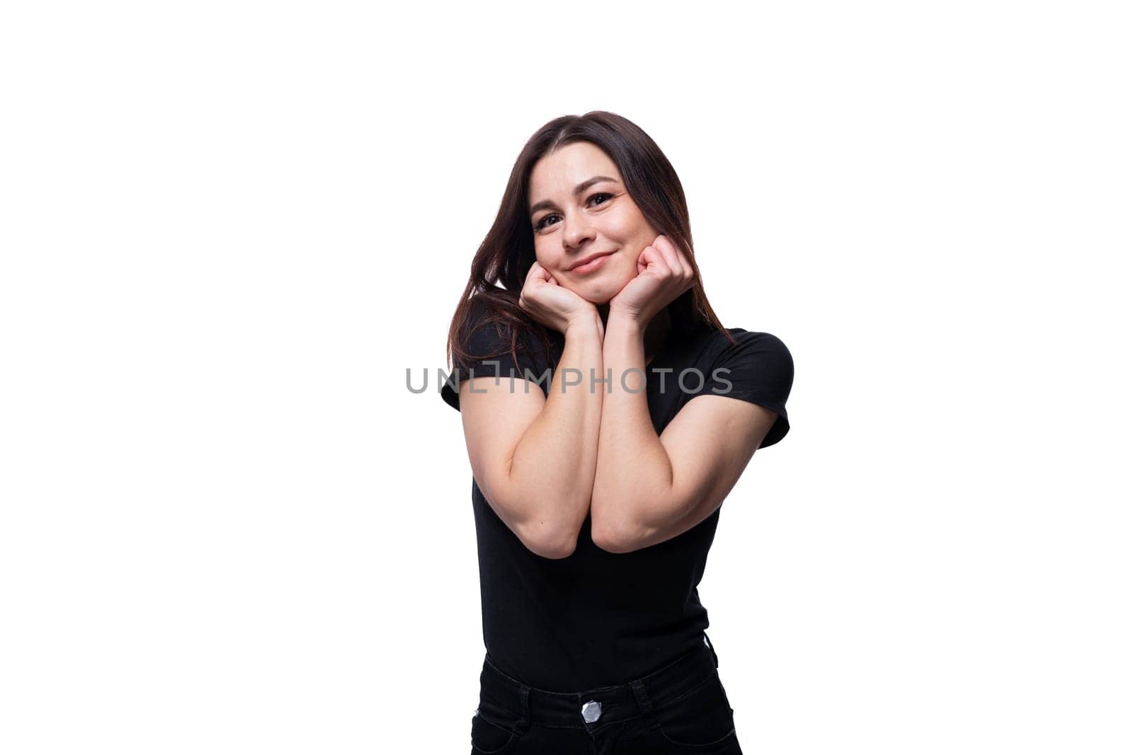 Caucasian young brunette woman in love with black hair on white background by TRMK