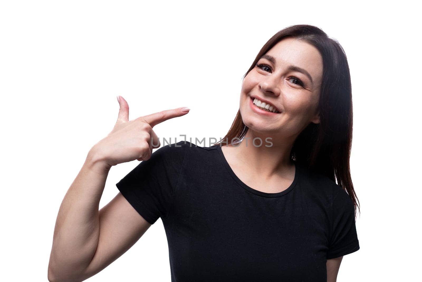 Young happy lady with brown eyes on a background with copy space by TRMK