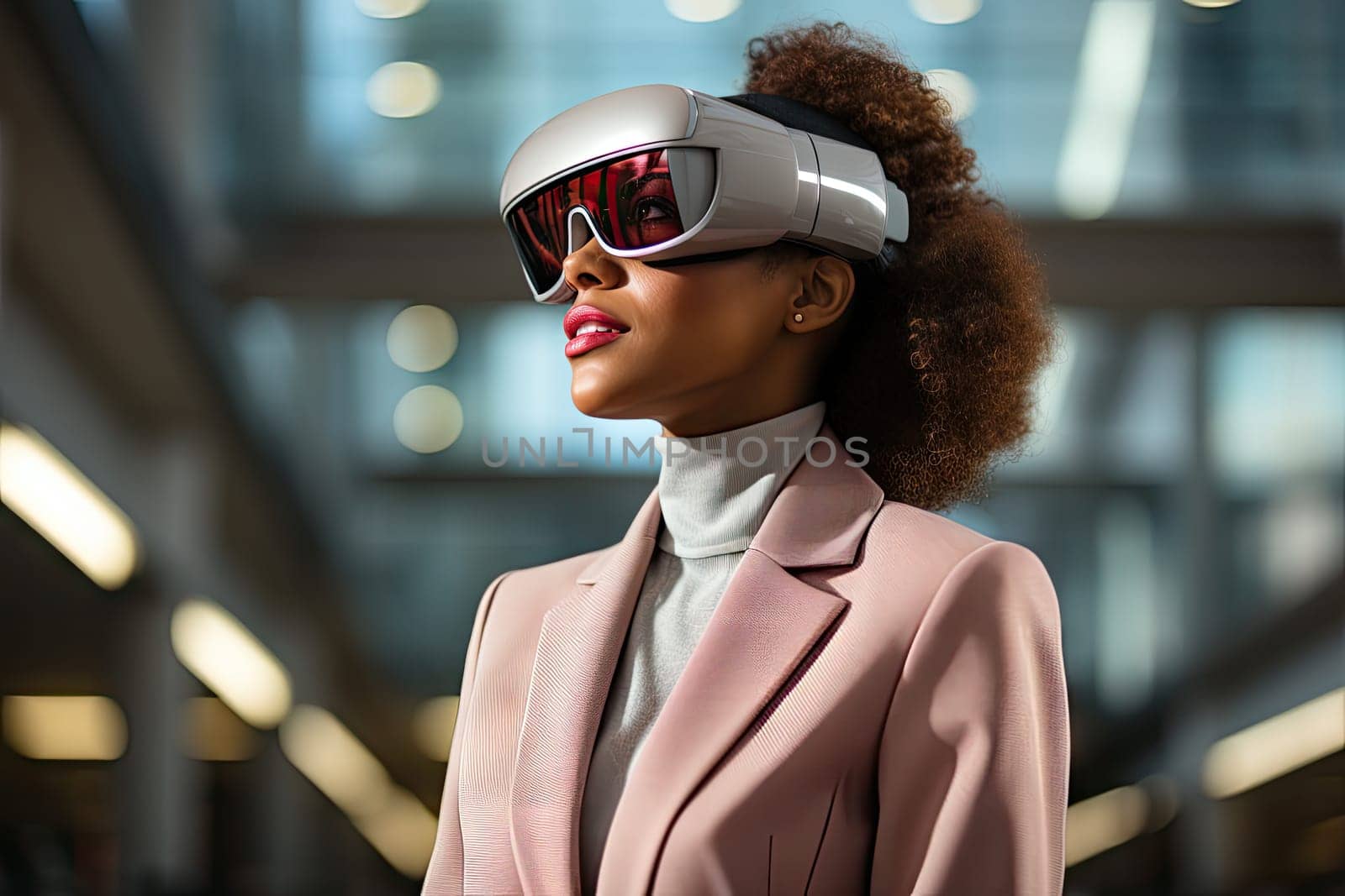 Business woman wearing a VR headset. Surreal world and virtual reality. Working in a modern office by Generative AI by wichayada